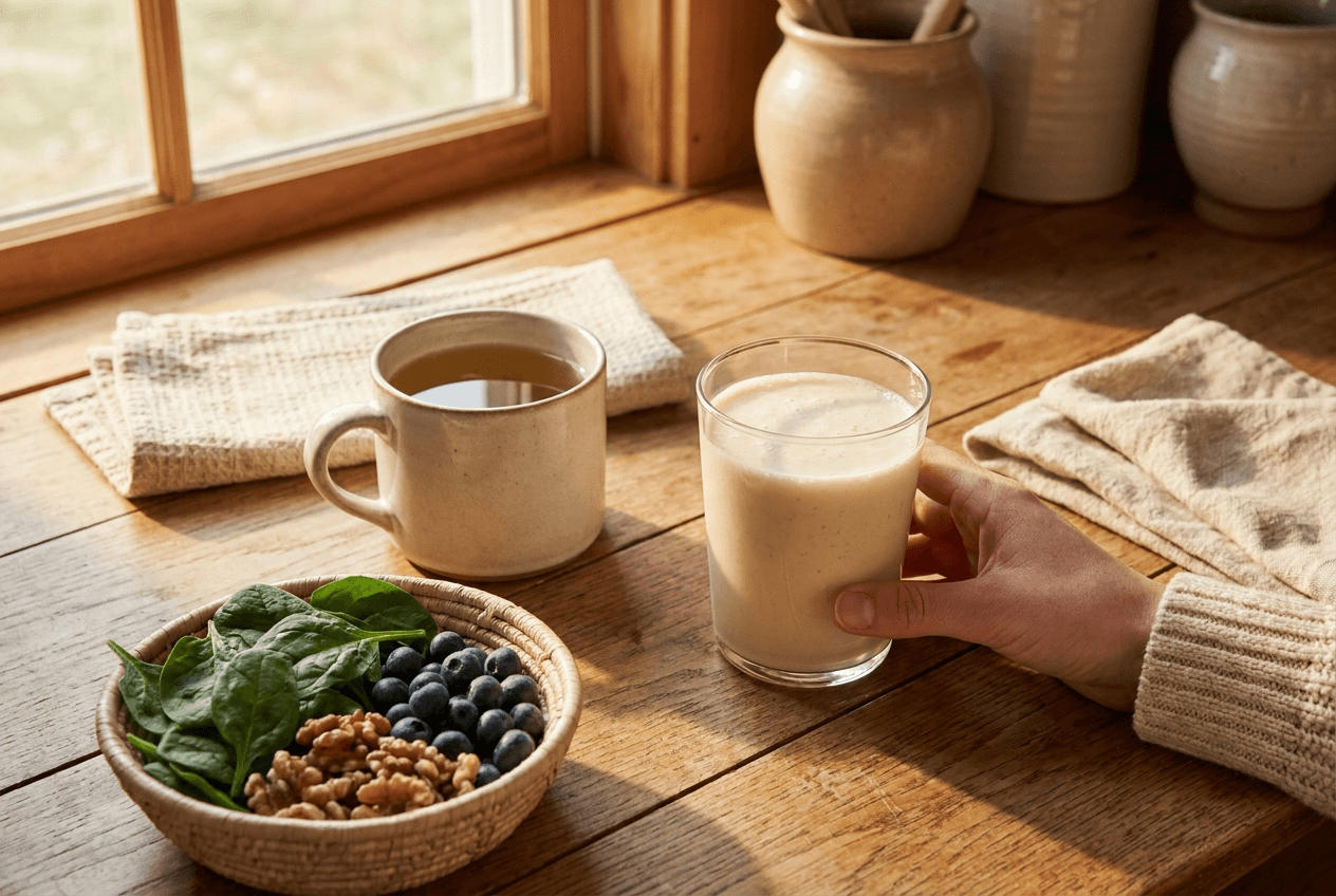 A person pausing thoughtfully over a fresh protein shake and whole foods at a sunlit kitchen table, reflecting on how their meal makes them feel.