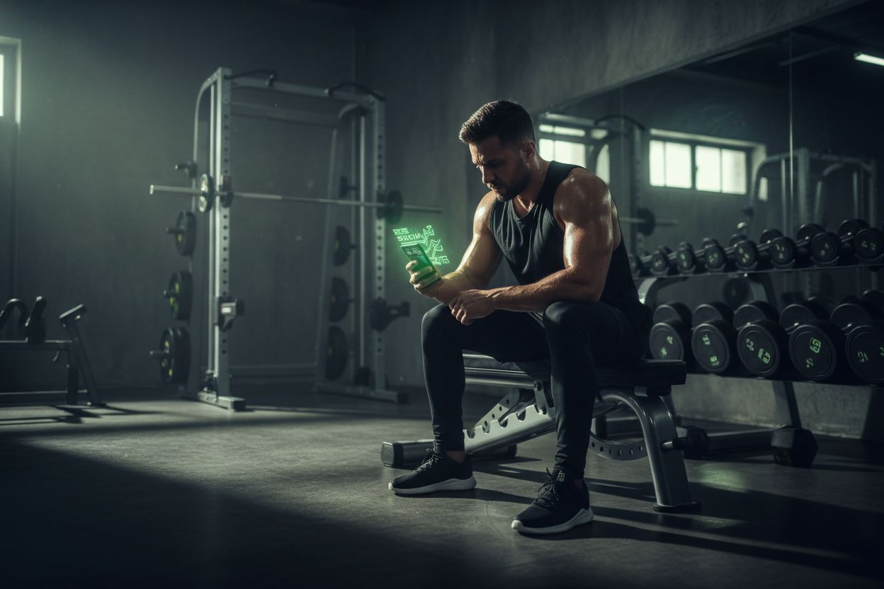 A person checking a workout app between sets in a bright gym