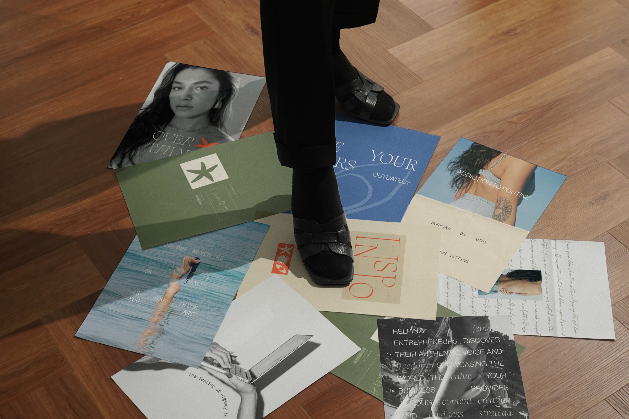 Overhead view of a collection of Dazey Bottega’s branding pieces, showcasing its editorial and high-fashion approach to marketing.