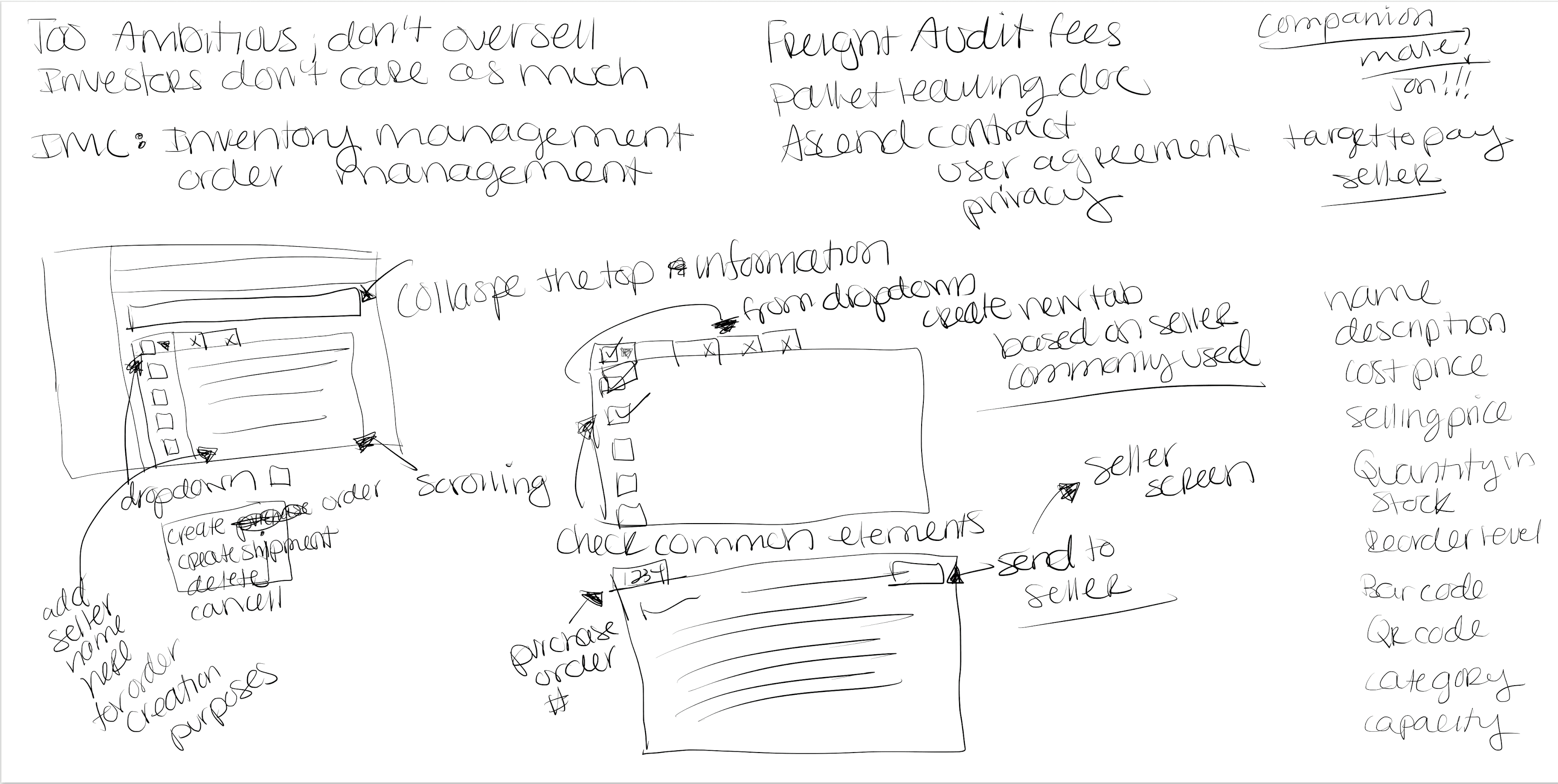 Whiteboard sketch of module screens