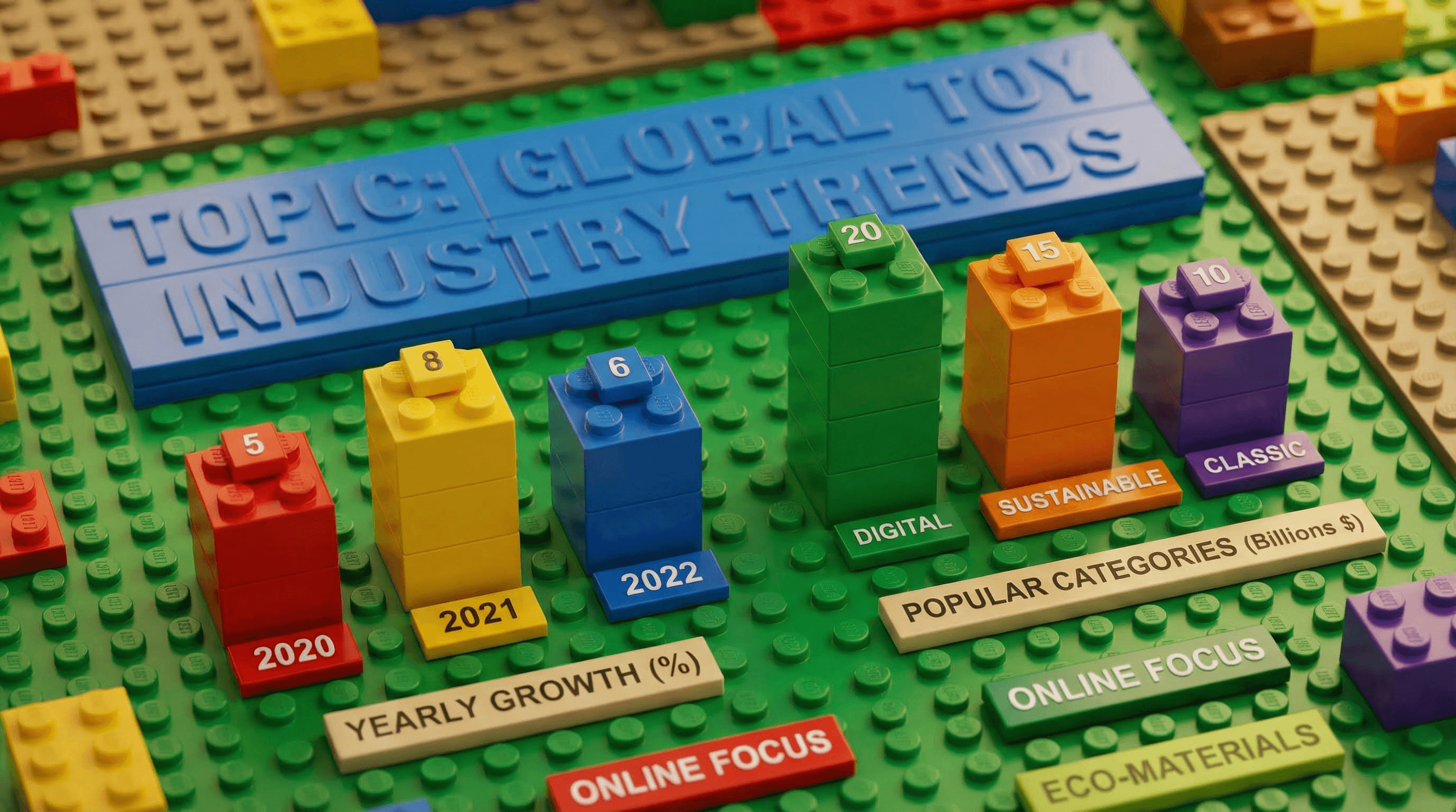 Playful brick-built infographic where bar charts and text labels are constructed entirely from plastic toy bricks.
