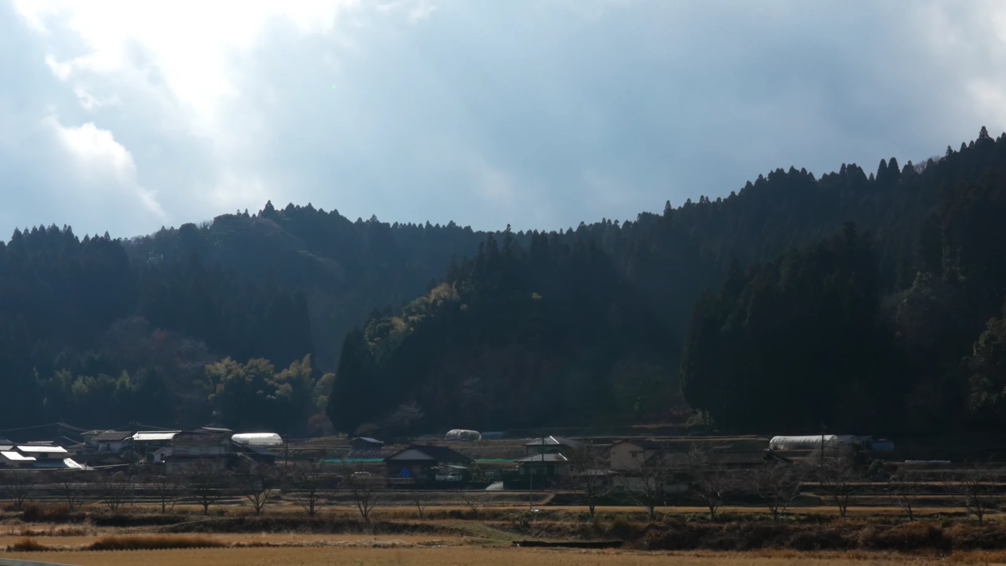Farmland and cedar ridges in the Oguni valley around Kurokawa Onsen