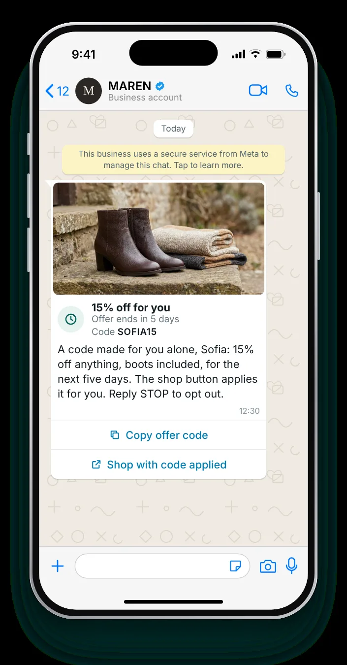 One customer's code, carried in the button URL: WhatsApp limited-time offer on an iPhone