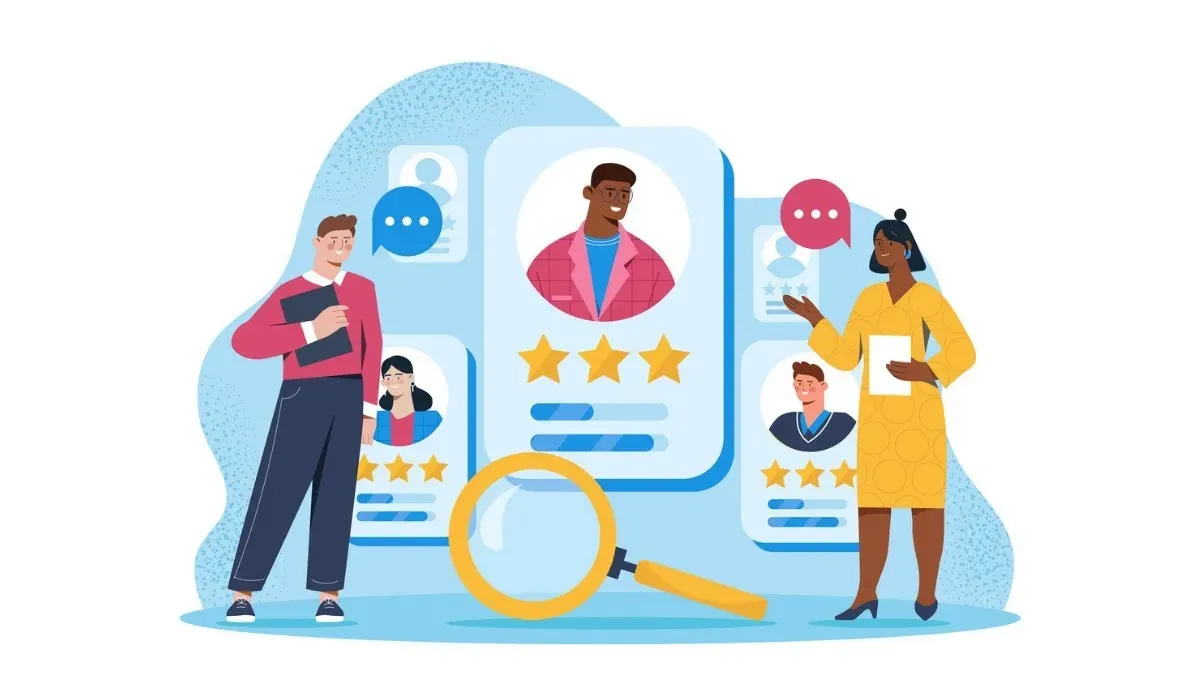 Illustration of two people reviewing a large candidate profile card with star ratings, surrounded by smaller candidate cards and a magnifying glass—representing how engineering placement agencies evaluate and match talent with hiring opportunities.