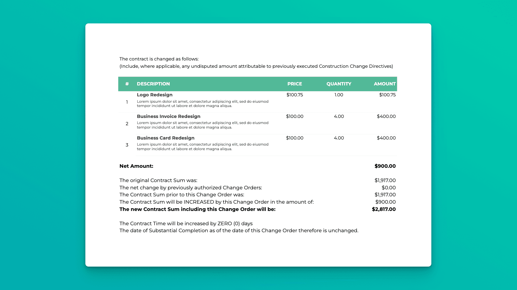 Change Order spreadsheet template showing editable project revisions, updated totals, and contract adjustments.