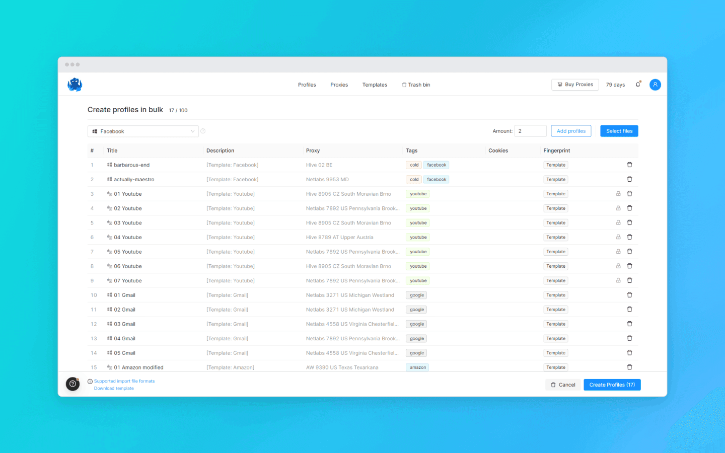 Creating profiles in bulk in Octo Browser