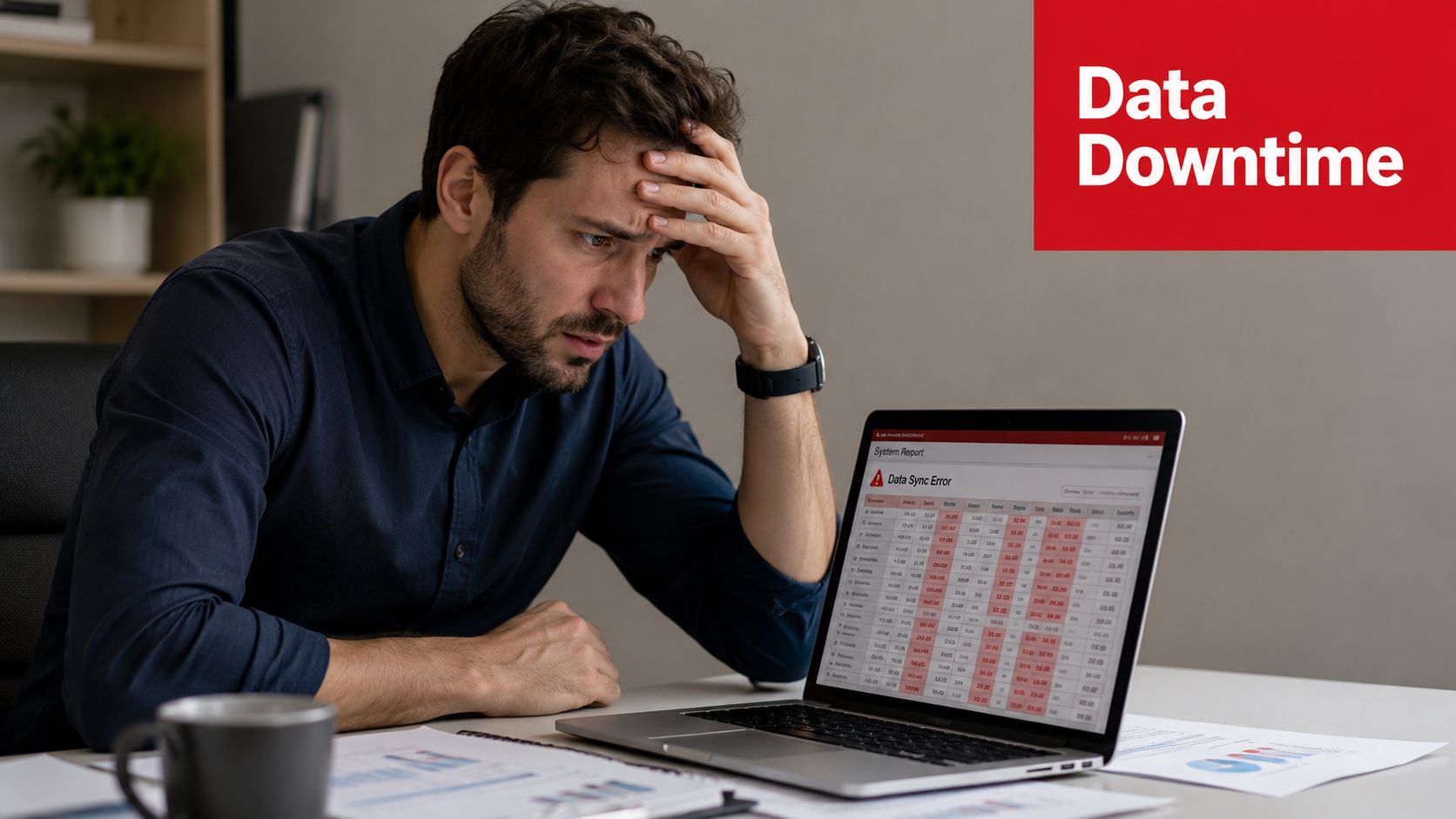 A stressed man looking at a laptop screen displaying a system report with data sync errors.