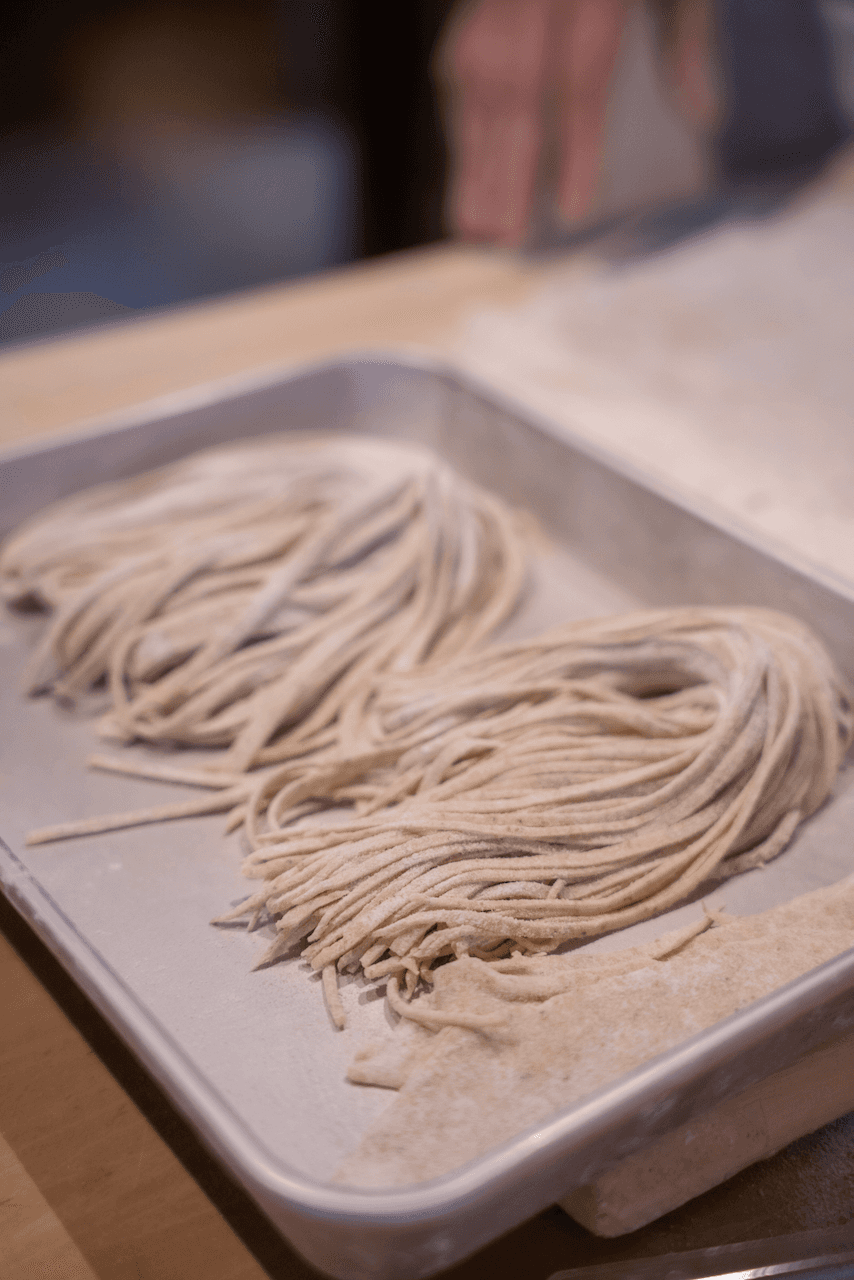 Freshly made soba noodles ready to be cooked