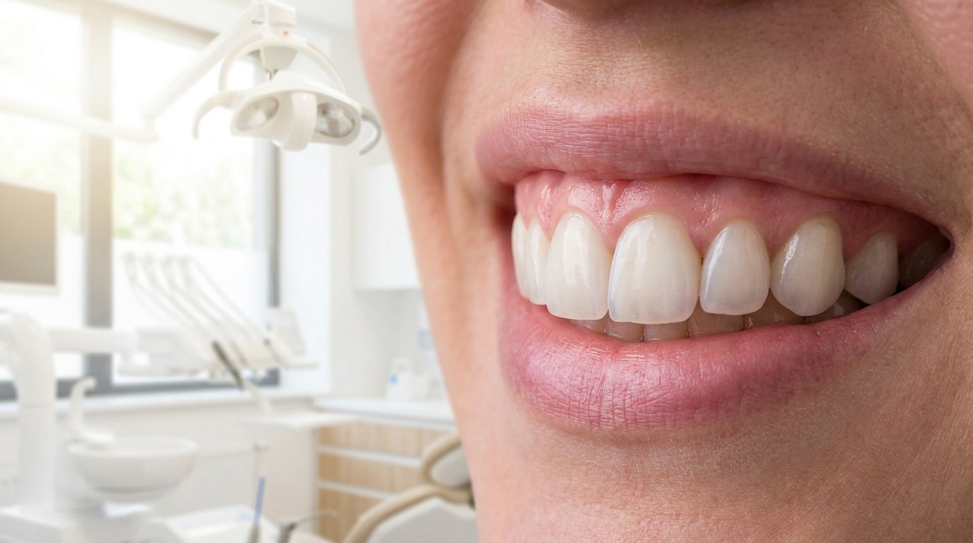 Close-up of upper front teeth restored with porcelain veneers in a bright dental office