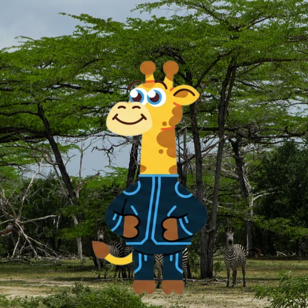Une girafe hologramme souriante, vêtue d'une veste bleue stylisée, se tient devant un paysage de savane verdoyante avec.