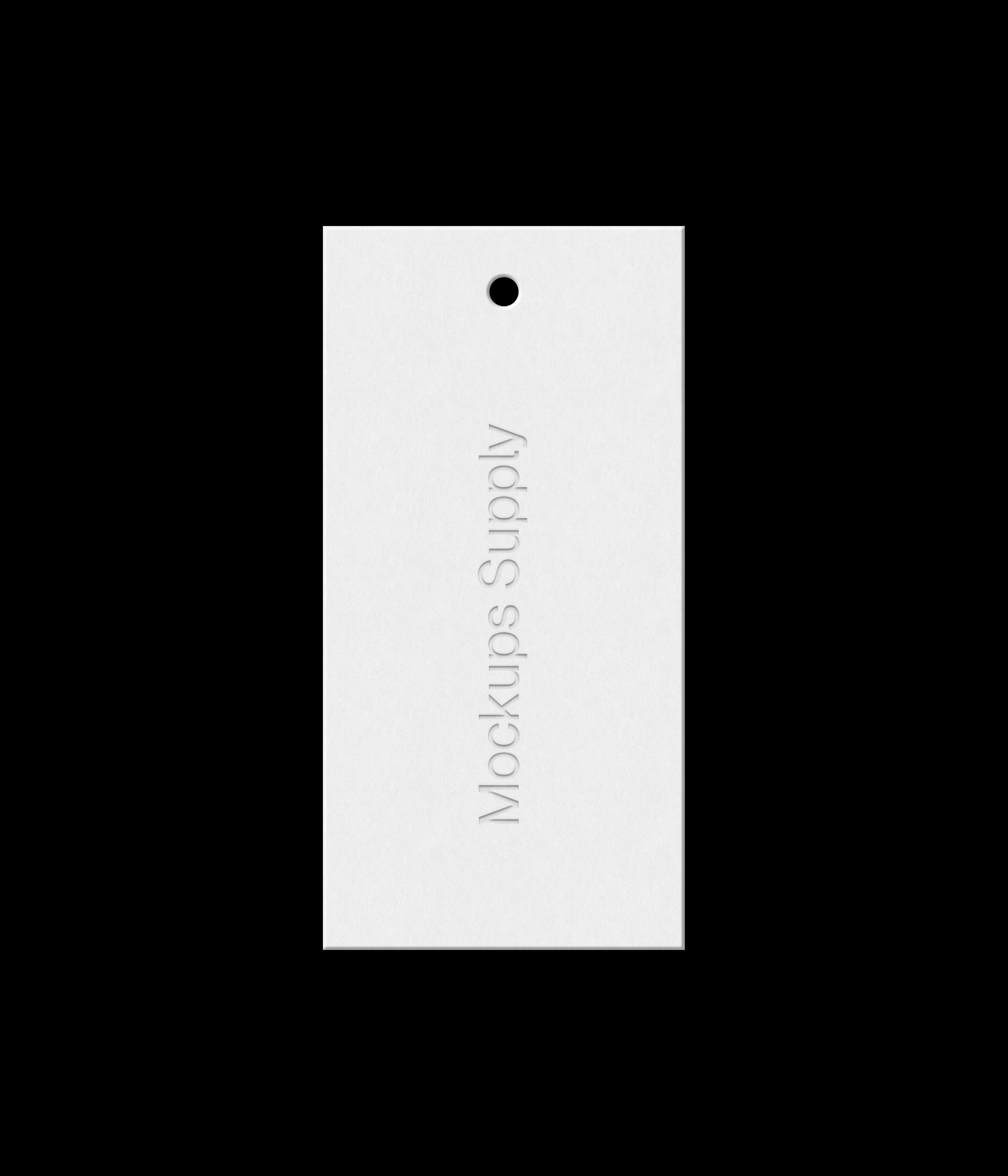 White clothing hang tag mockup on black background with realistic debossed text effect for Photoshop download psd