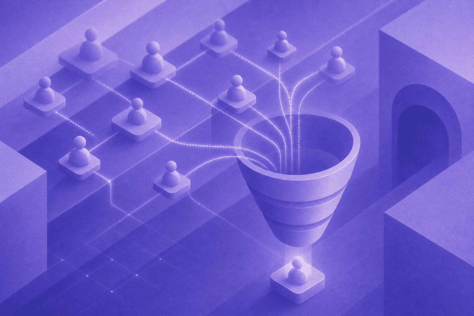 A professional B2B sales concept illustration showing a network of connected people icons across digital social platforms, with signal lines flowing into a sales pipeline funnel, depicting how buyer intent signals from multiple channels converge into qualified leads, modern flat design with blue and teal color palette, no text or labels