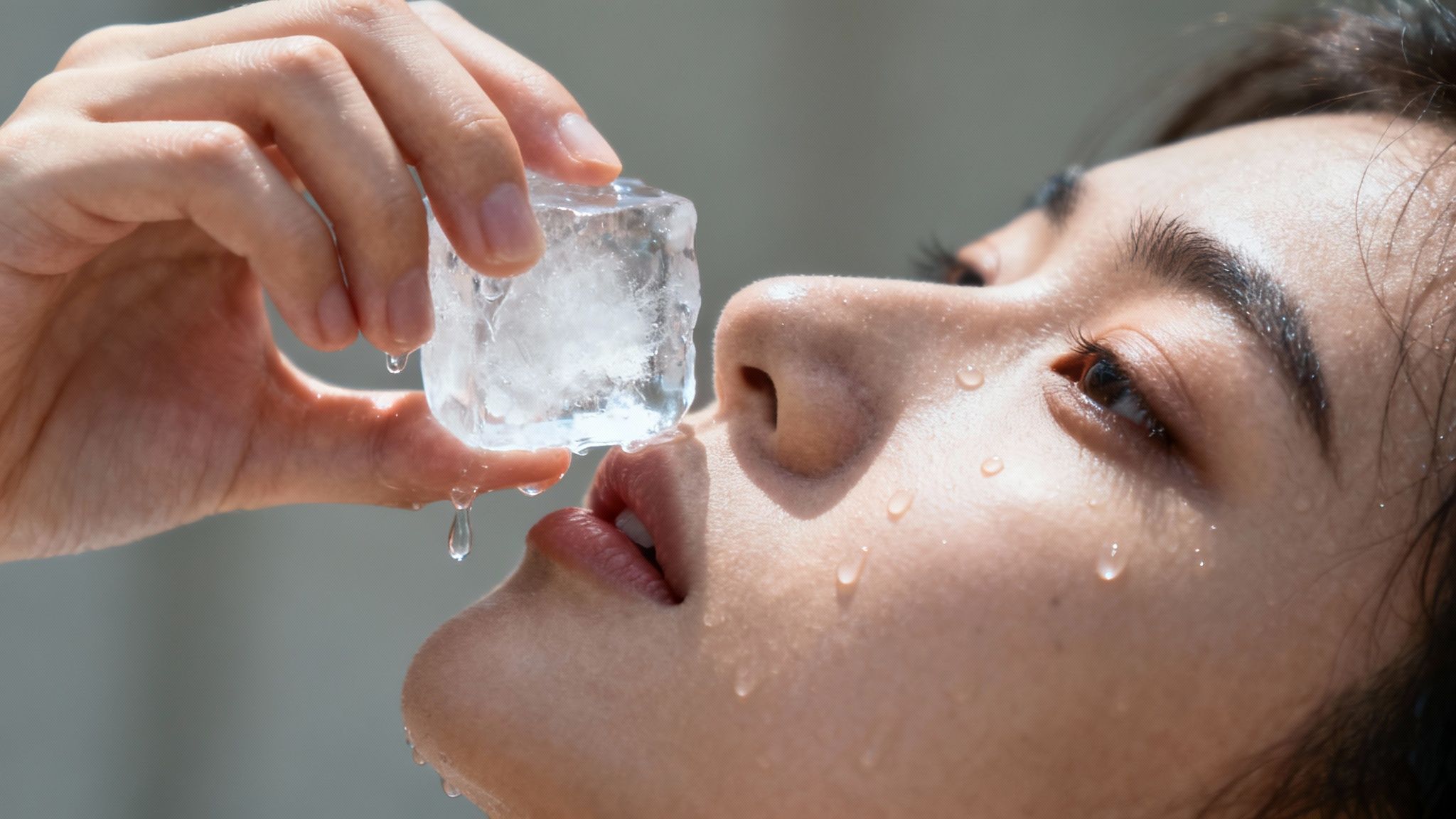 Woman holding ice cube above face for cooling skin care treatment therapy