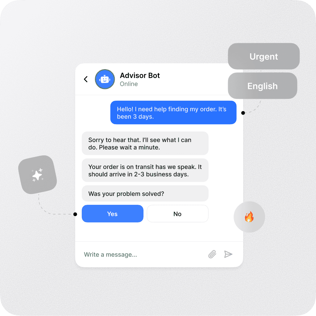 Chat with Advisor Bot helping a customer track their order, confirming it is in transit and asking if the issue has been resolved.