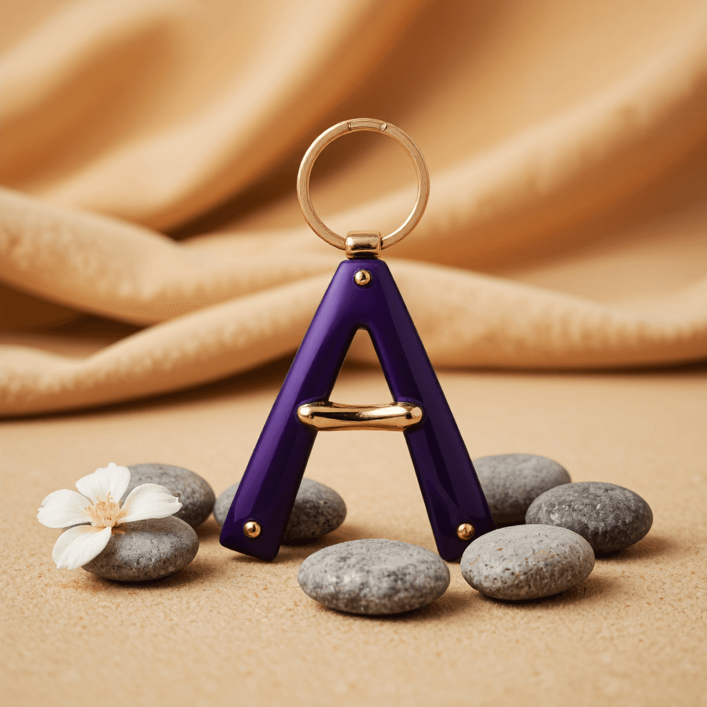 product photography of keychain with letter A