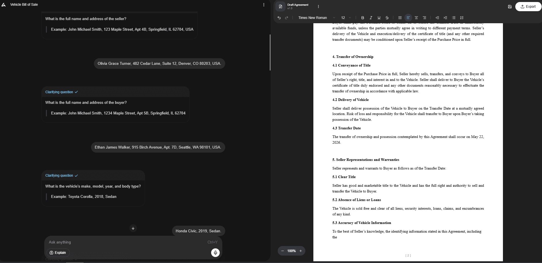 Split-screen interface showing an AI Lawyer collecting seller, buyer, and vehicle details for a vehicle bill of sale while generating the draft agreement on the right.