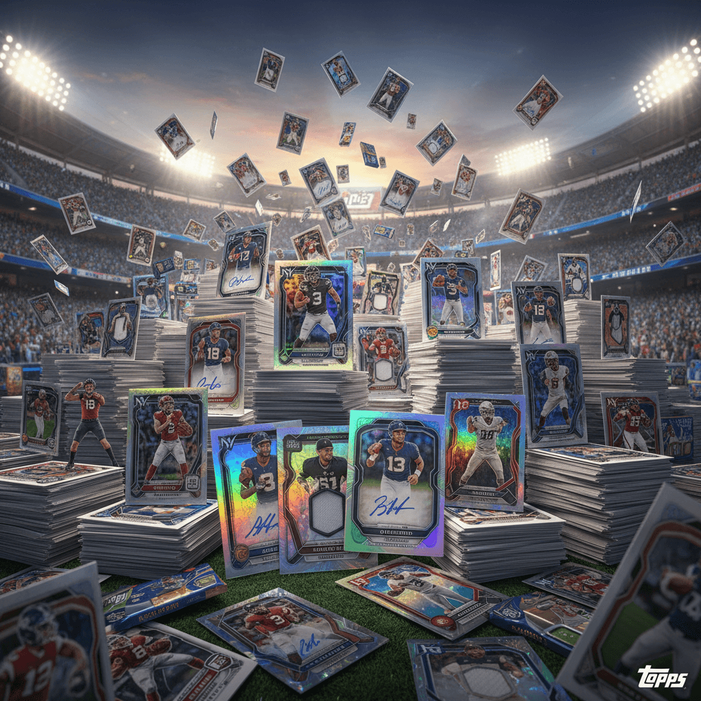 Große Sammlung von amerikanischen Football-Sammelkarten mit holografischen Effekten und Autogrammen, die magisch in einem voll besetzten, hell erleuchteten Stadion schweben.