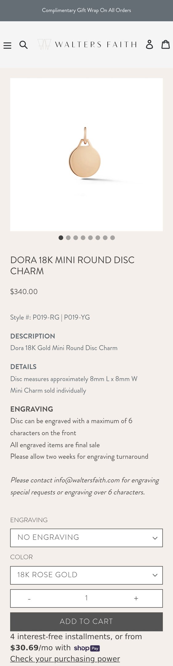 Jewelry product options include: pendant for DORA 18K MINI ROUND DISC CHARM from Walters Faith.