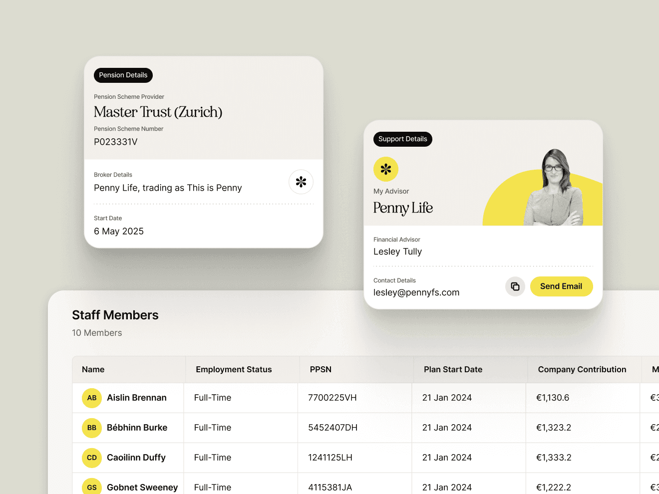 Pension details for Master Trust (Zurich) and advisor info from Penny Life. Staff member list below.