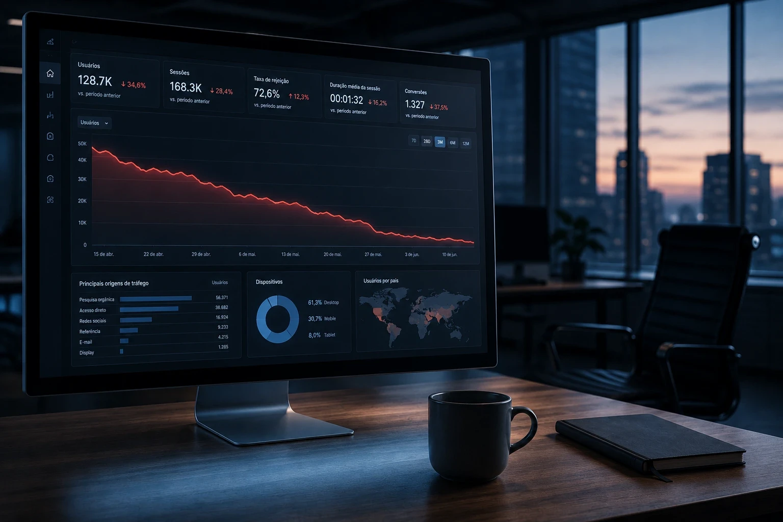 Monitor de computador em escritório vazio ao final do dia exibindo dashboard de analytics com gráfico de tráfego em forte queda e métricas em vermelho, ilustrando a perda de visitas orgânicas que empresas vêm sofrendo com o avanço das respostas geradas por IA.