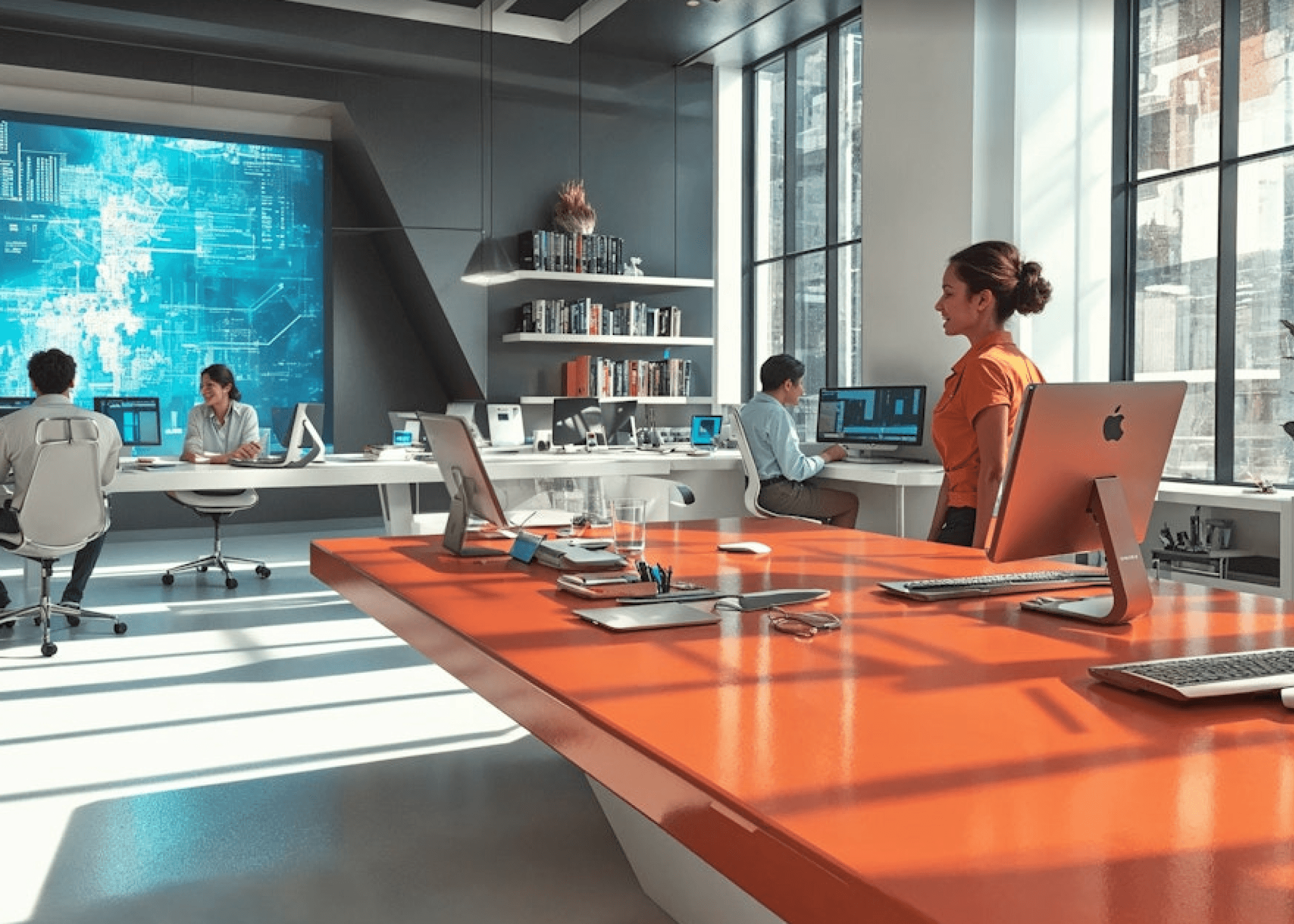  Modern office with people working on sleek tech and orange desks.