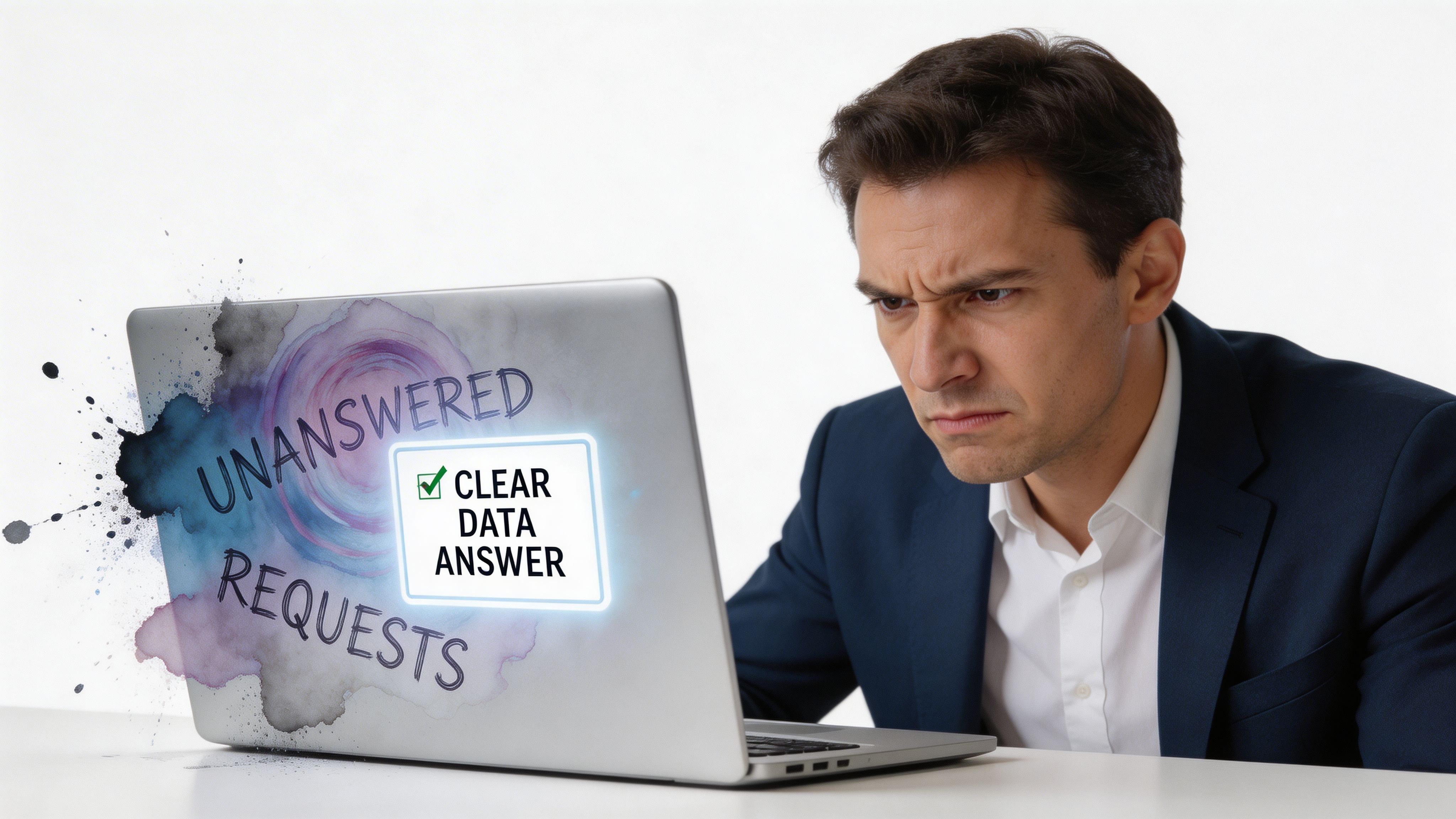A focused man in a suit looking at a laptop showing unanswered requests and clear data answers.