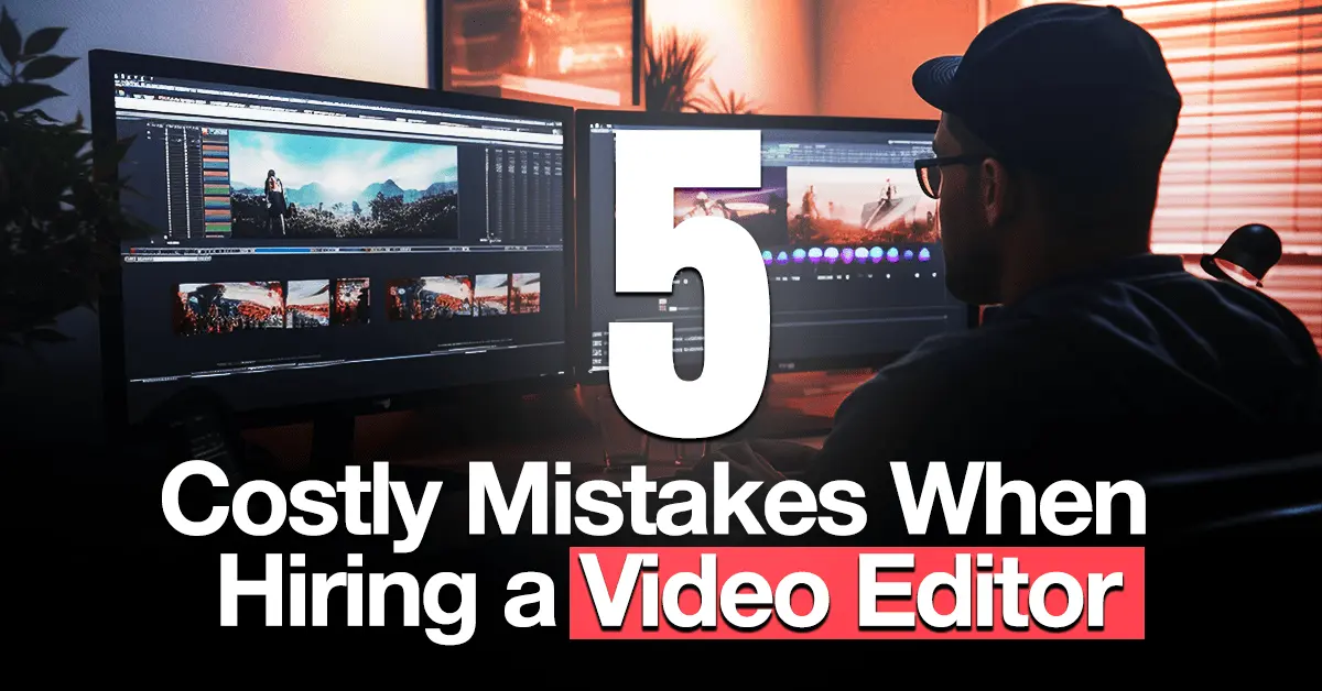 A man wearing a cap sits at a desk with two large monitors showing video editing software. Overlaid text reads: “5 Costly Mistakes When Hiring a Video Editor.” The image highlights common pitfalls businesses face when choosing a video editor.