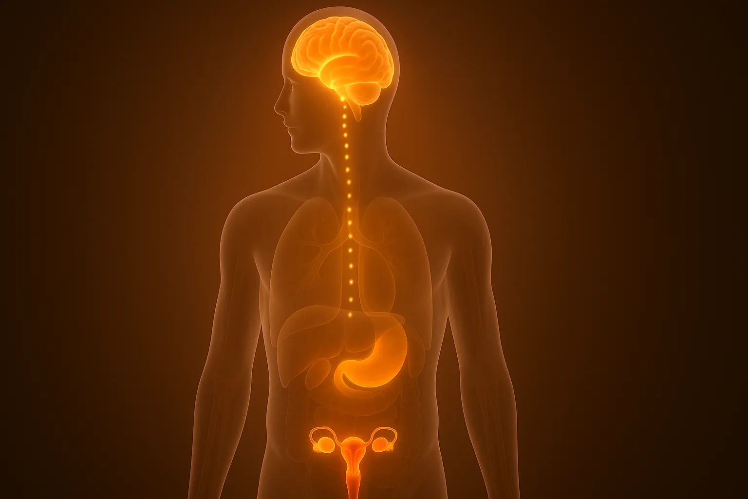 Glowing brain sending a dotted hormonal pathway down to the uterus inside a semi-transparent human body