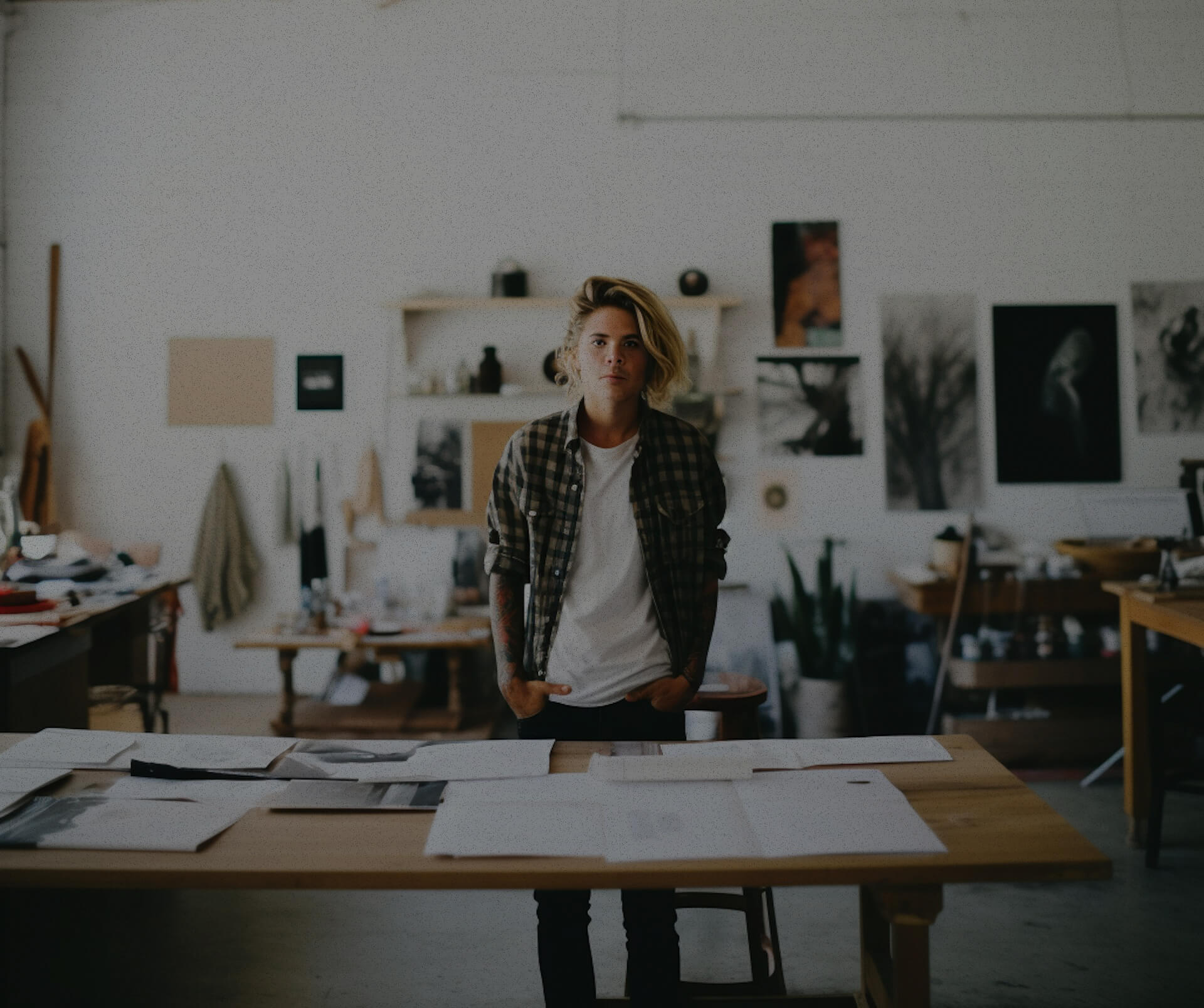 A man stands in front of a desk in an art studio, surrounded by various art supplies and creative materials