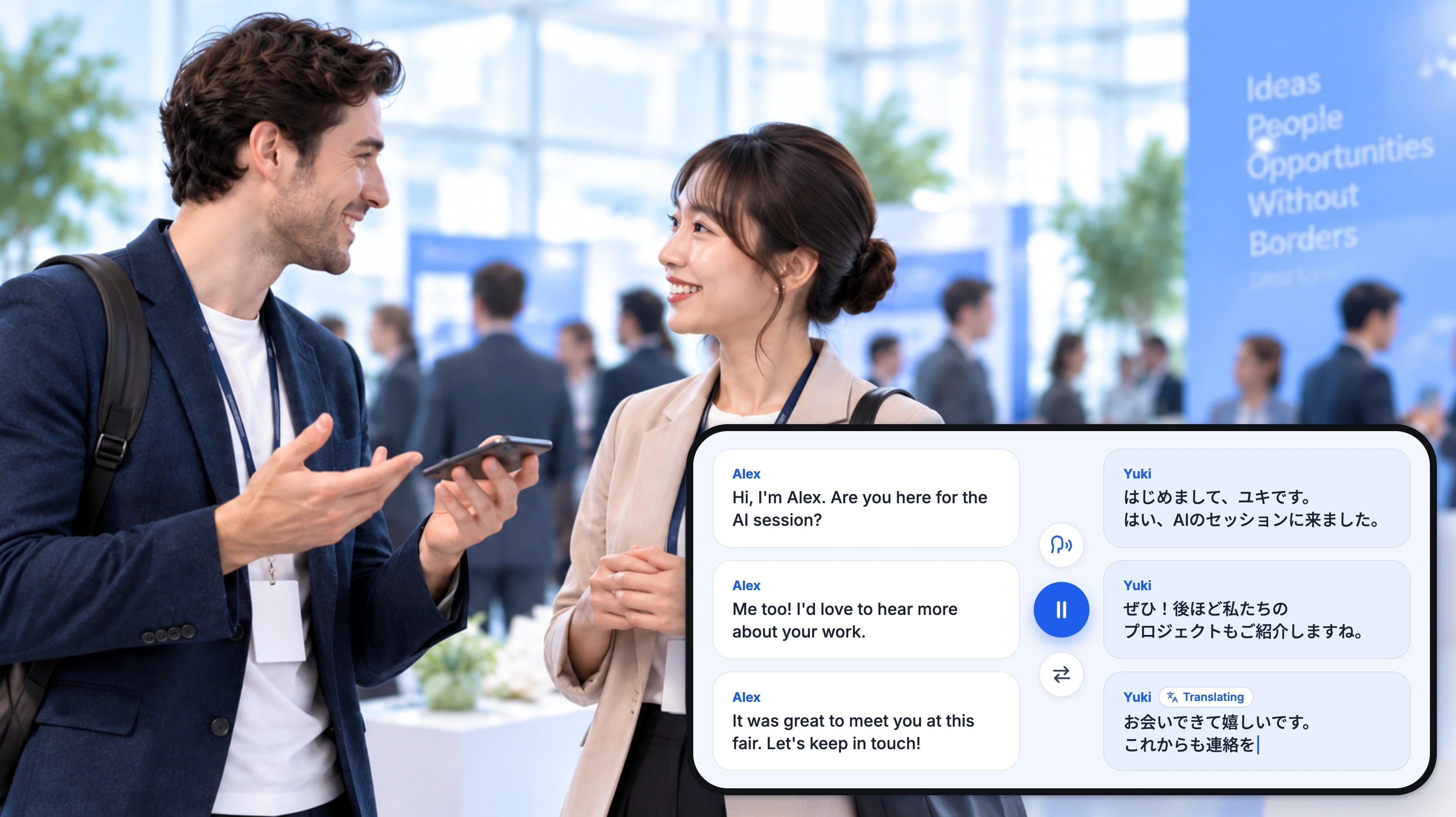 Two business partners talking at an event with Doraverse two-way English–Japanese live translation