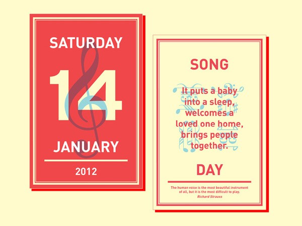 The image shows two vertical rectangular cards side by side. The left card is red with a white border and displays the date "14 SATURDAY JANUARY 2012" in white text. A stylized dark red treble clef is positioned to the left of the date. The right card is cream-colored with a red border and contains the text "SONG" in large red letters at the top. Below it, a blue musical staff with eighth notes is depicted. Beneath the staff, a red quote reads: "It puts a baby into a sleep, welcomes a loved one home, brings people together." At the bottom, a quote attributed to Richard Strauss reads: "The human voice is the most beautiful instrument of all, but it is the most difficult to play."