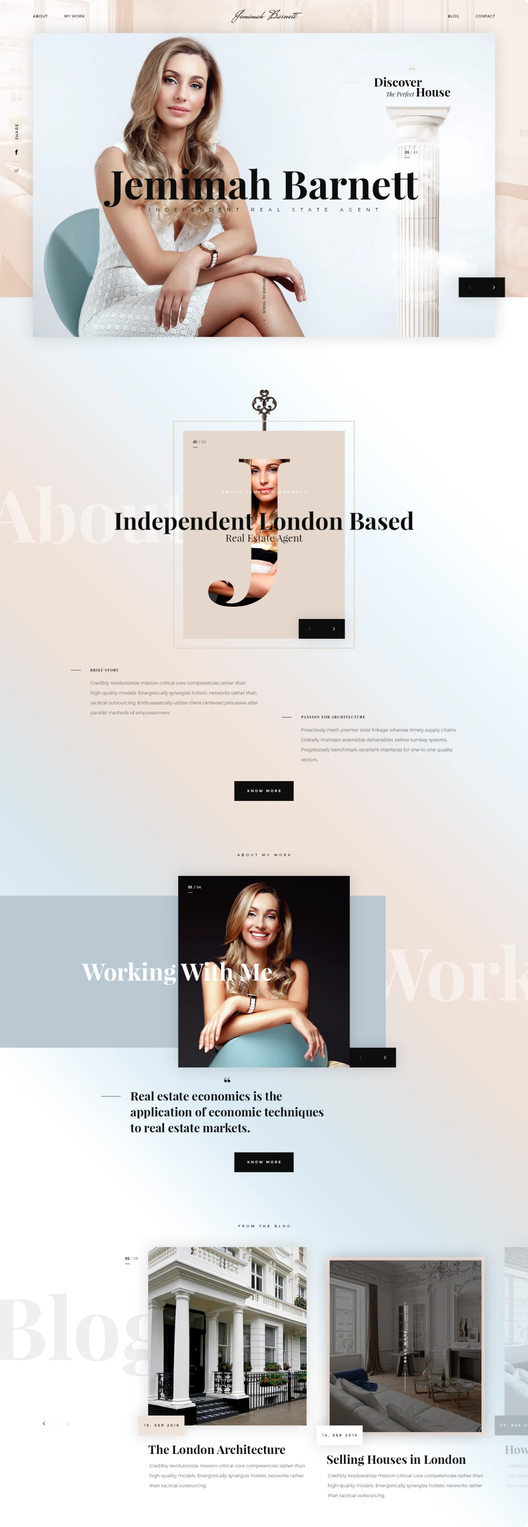 Elegant beige portfolio webpage featuring a woman’s portrait, “Independent London Based” branding, fashion imagery, interiors, and architecture.