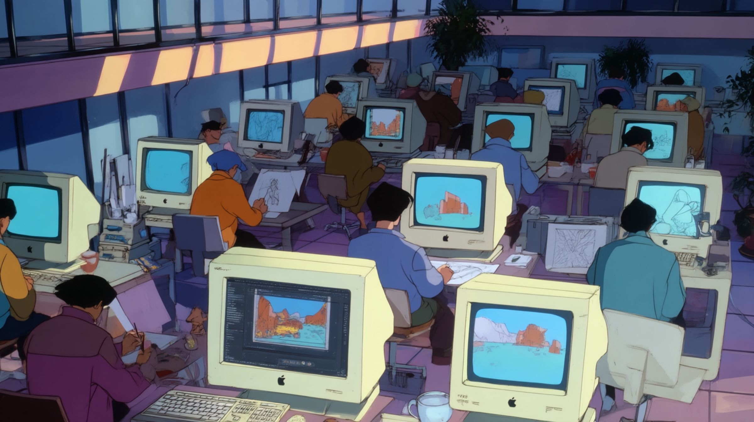 A room of animators work at early Apple computers, sketching digitally as light pours across glass walls — the analog and digital merge.