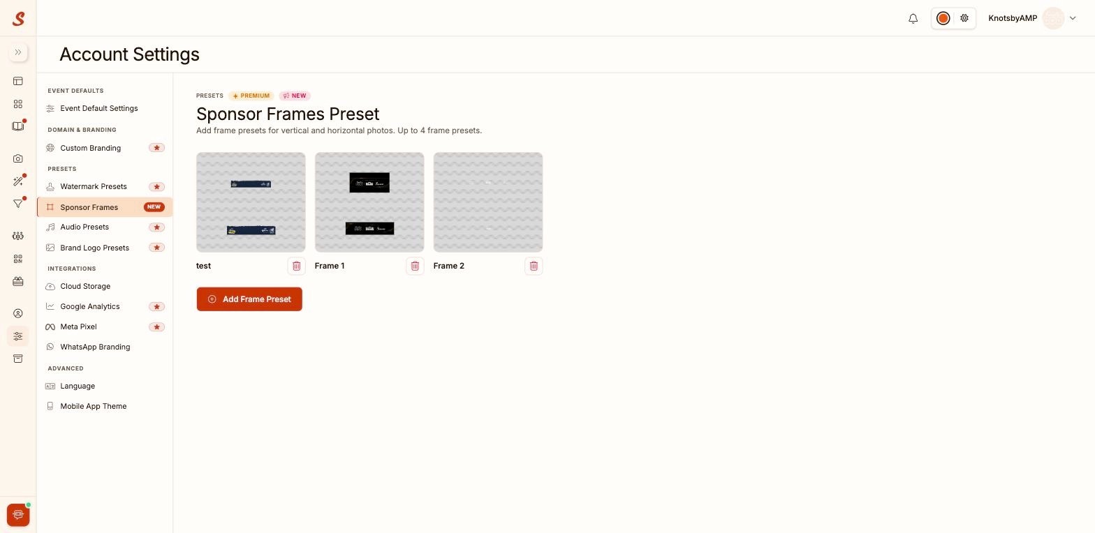 Samaro Account Settings Sponsor Frames Preset page for uploading vertical and horizontal sponsor frame designs