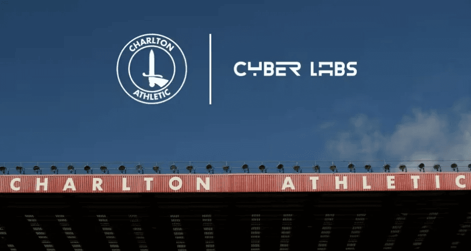 A photo of Charlton AFC, with the CAFC and Cyberlabs logos.