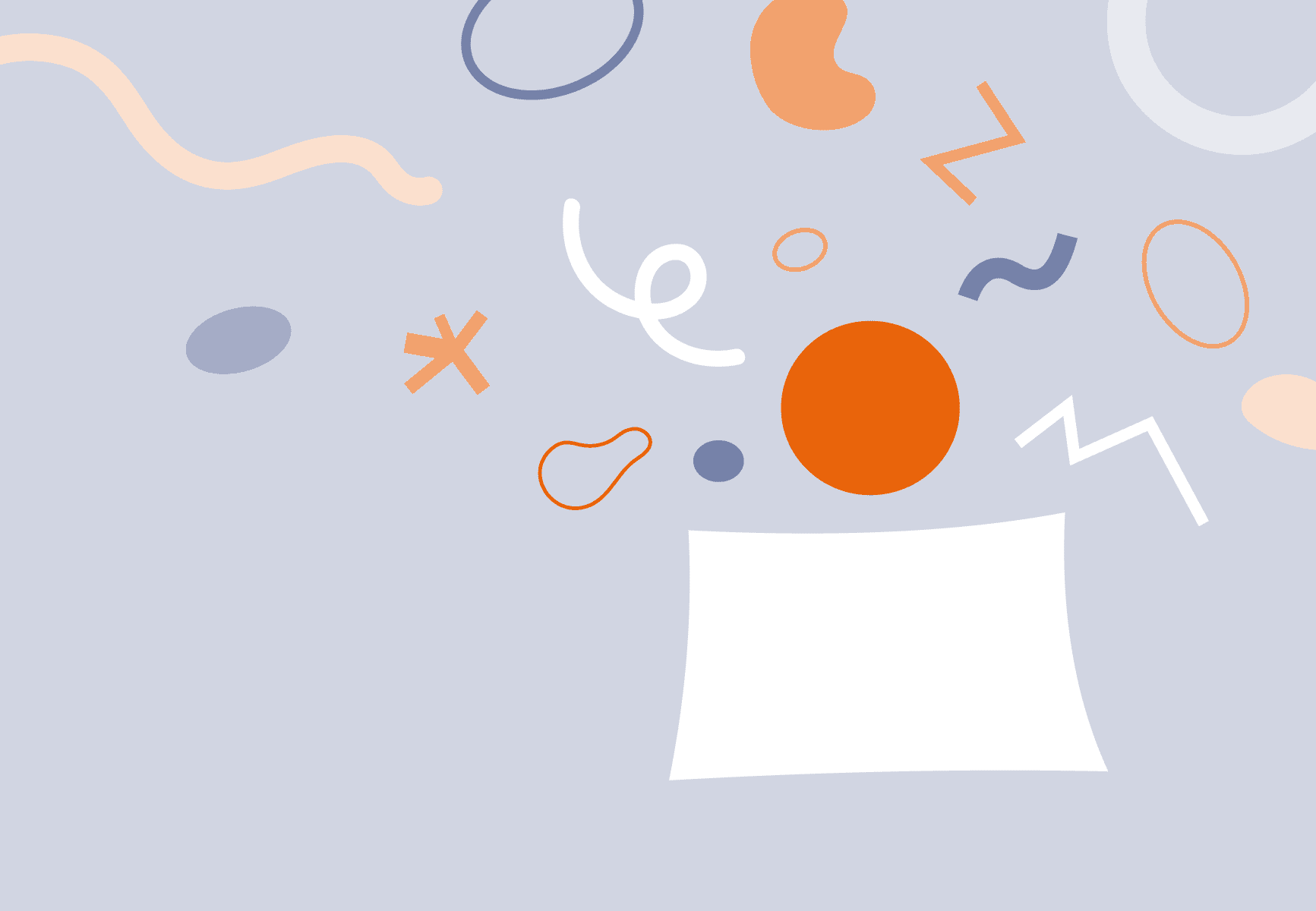 On a white pedestal is an orange circle, design elements are flying away around the circle