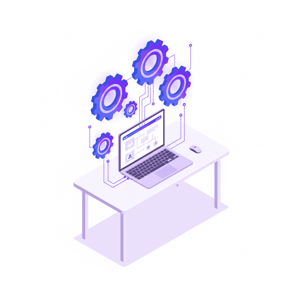 Illustration représentant le concept d'automatisation avec ordinateur et engrenages connectés symbolisant les processus automatisés