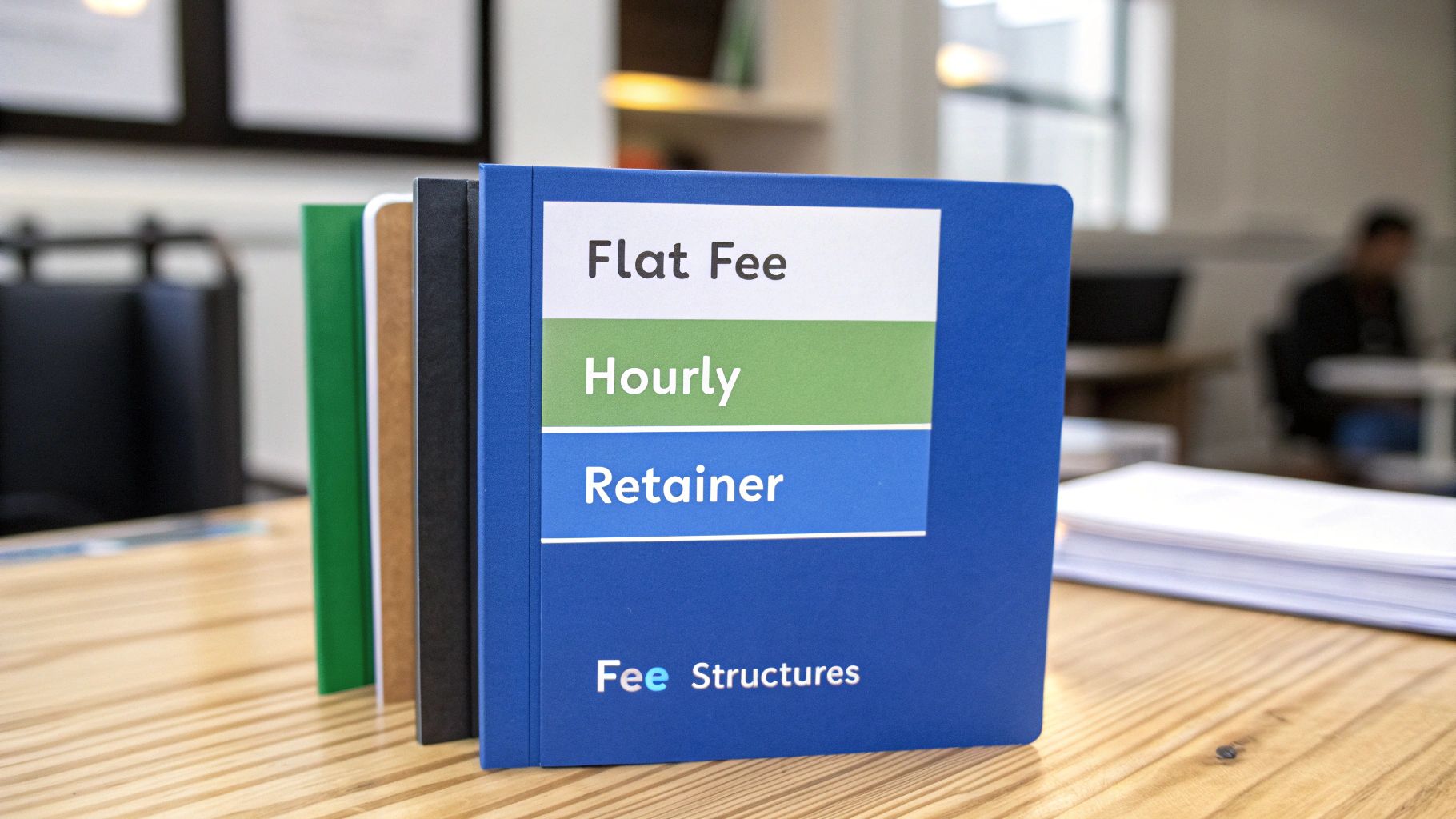 Close-up of a blue binder outlining different 'Fee Structures' including Flat Fee, Hourly, and Retainer options.
