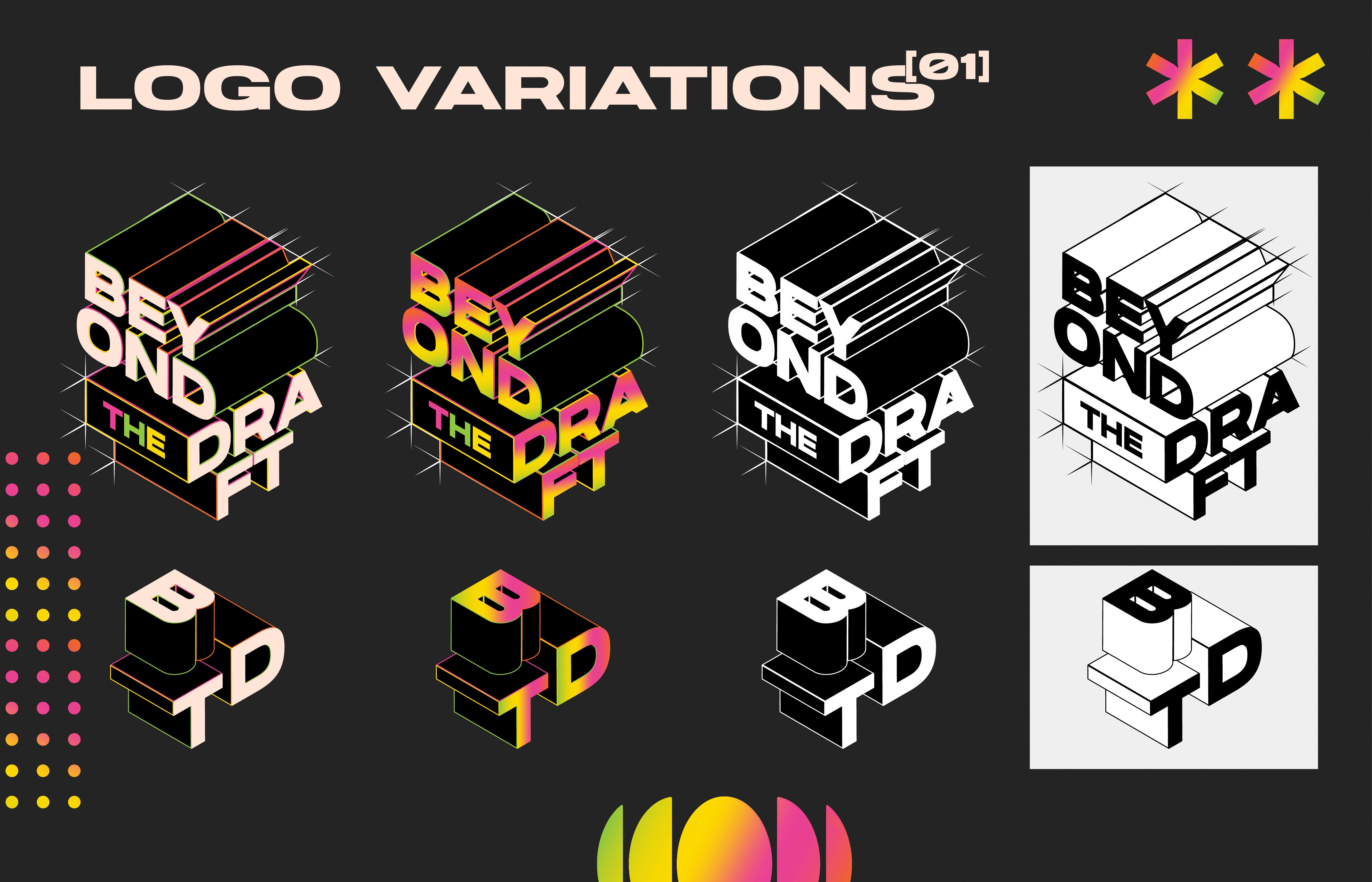 Shows 4 different variations of the primary and secondary logos for 'Beyond the Draft'.