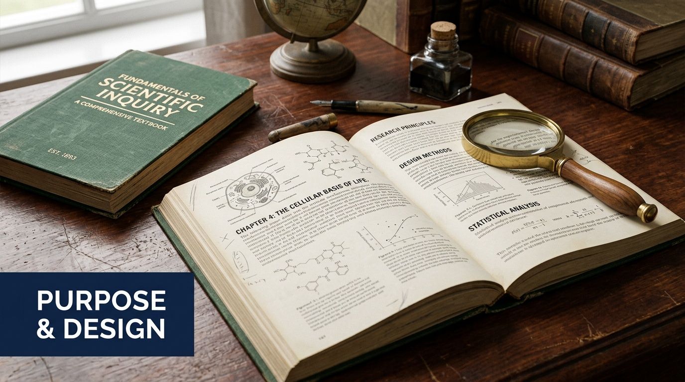 An open textbook showing chemical formulas and statistical graphs on a dark wooden desk with a magnifying glass.