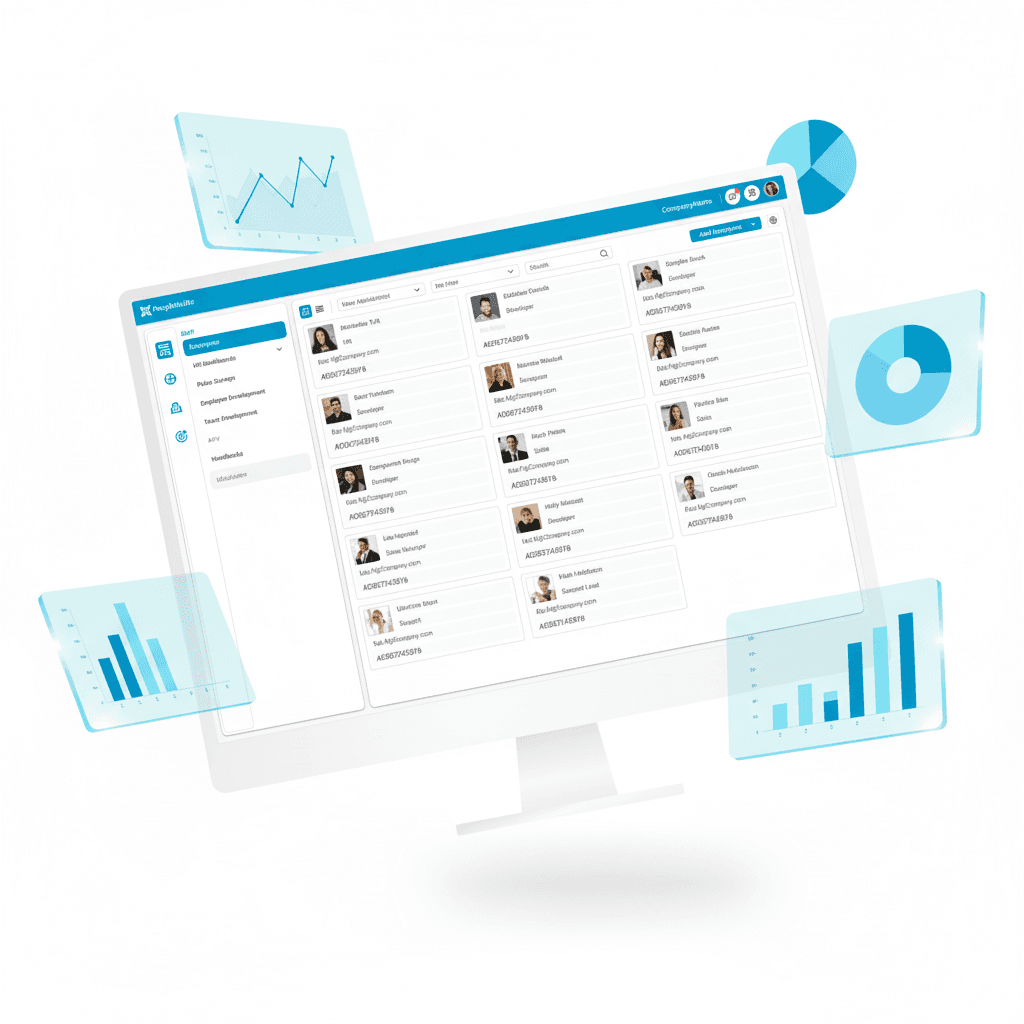 A computer monitor displays a dynamic business analytics dashboard featuring charts and graphs, highlighting data trends and key performance indicators, with additional floating analytics graphics surrounding the screen.