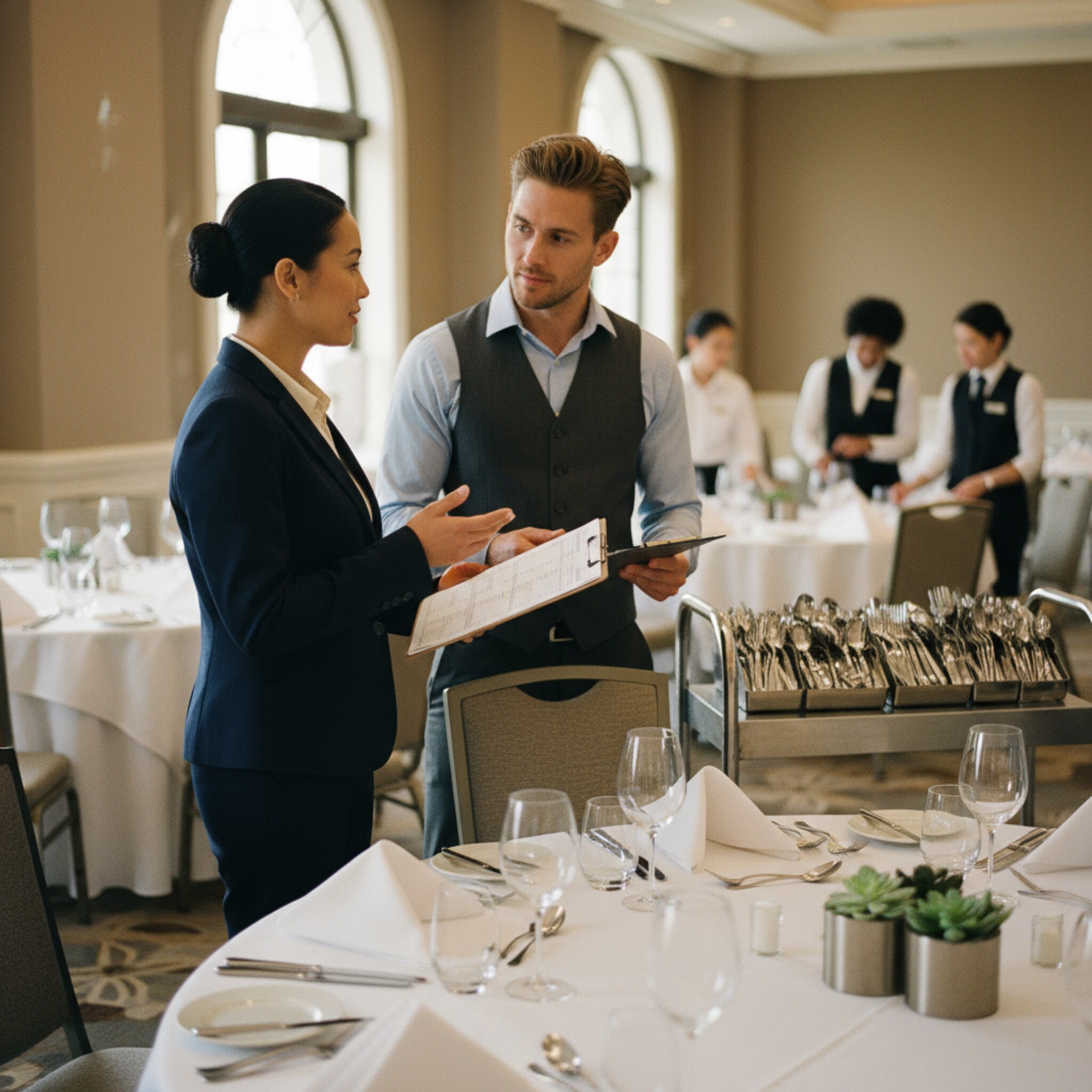 Ein Bankettmanager prüft eine Preisliste zusammen mit einer Kollegin im leeren Saal, während im Hintergrund Tische für ein Business-Lunch eingedeckt werden. Ein Servierwagen mit polierten Bestecken steht bereit. Die Atmosphäre wirkt konzentriert und professionell.