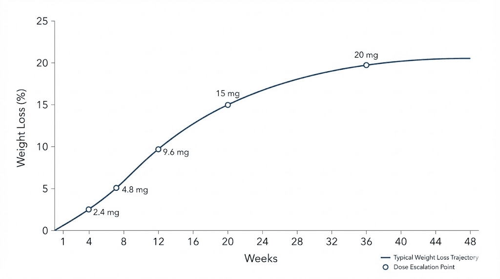 Retatrutide weight loss trajectory over 48 weeks with dose escalation milestones