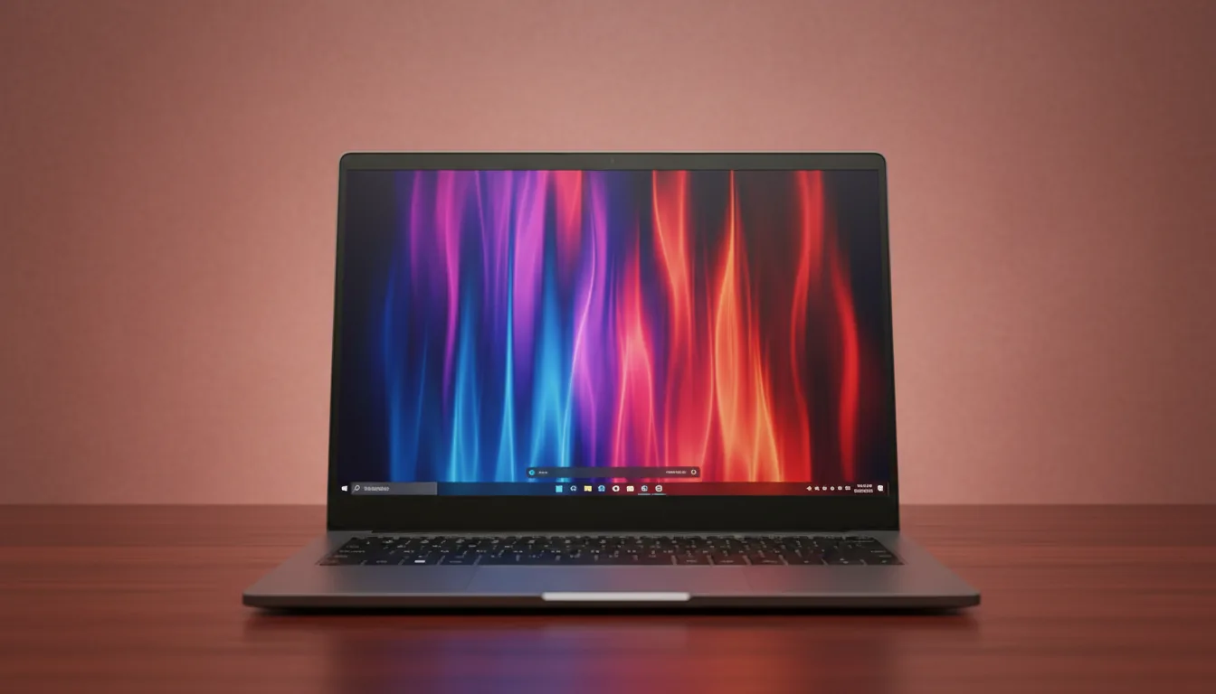 DSLR product photography of a modern, slim, grey metallic workstation laptop, placed on a reddish-brown desk. The laptop is open and facing directly forward, centered in the frame. The screen displays a vibrant abstract digital art wallpaper with flowing vertical bands of purple, blue, and red, with generic UI elements visible on the taskbar. The scene is illuminated with soft studio lighting, with a dramatic pink backlight creating a soft glow on the reddish-brown wall behind the laptop. Sharp focus, clean aesthetic, matte metal texture.