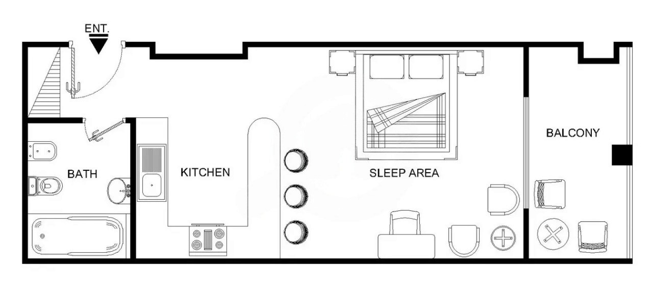 Studio apartment floor plan in White Swan Building, showing an open-plan sleep area and private balcony.