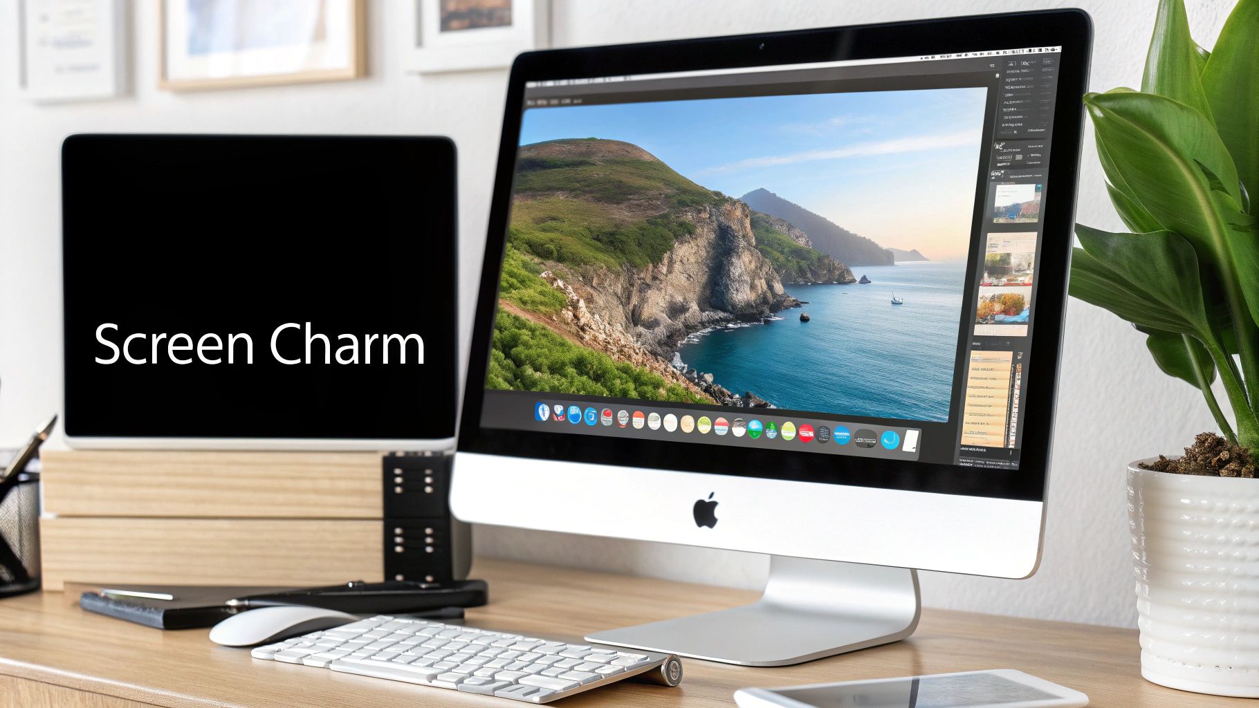 Modern workspace featuring iMac displaying coastal scenery with Screen Charm software on secondary display