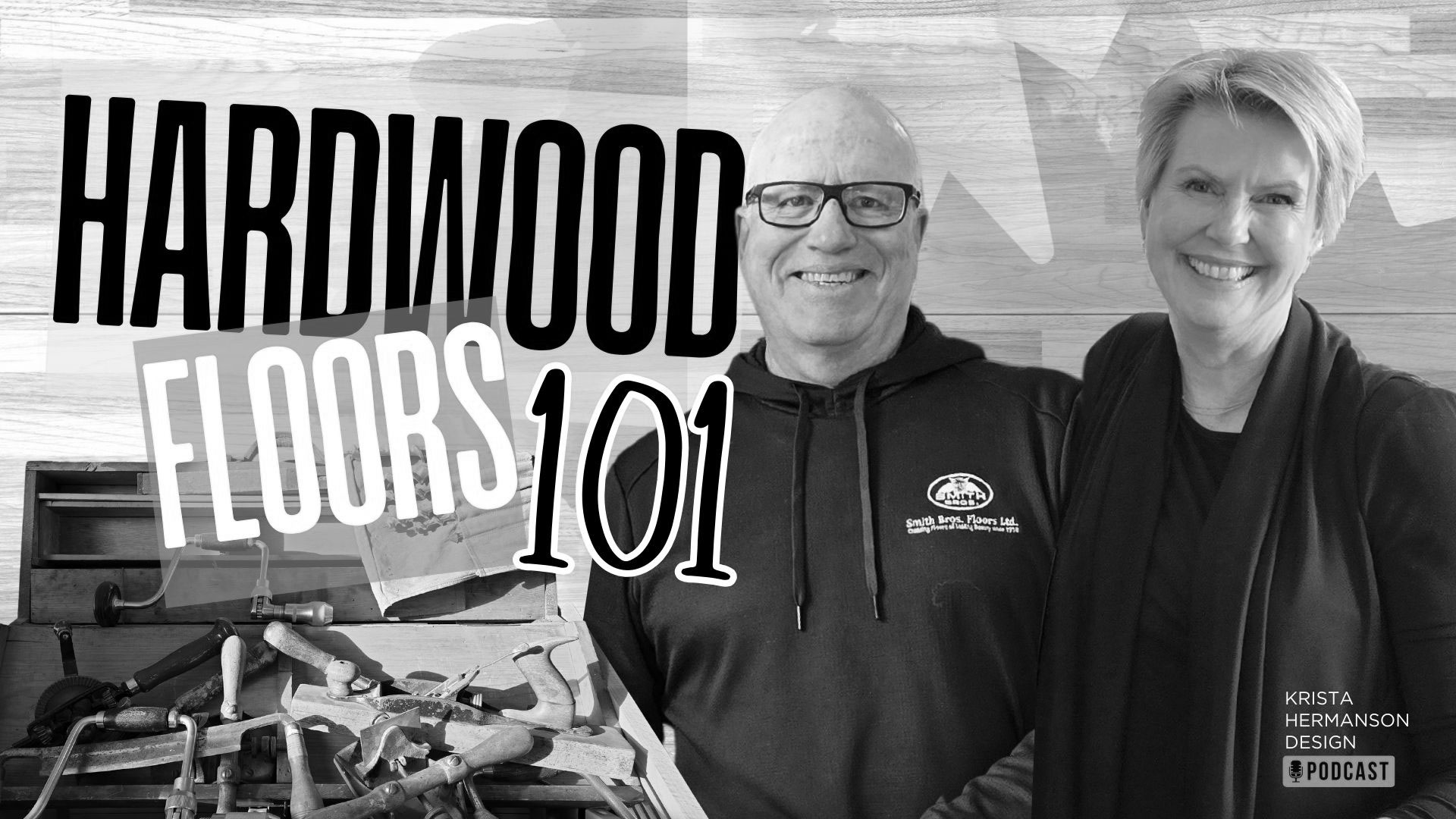 Hardwood floors part one in yellow and pink text over top an image of a man and woman smiling at the camera