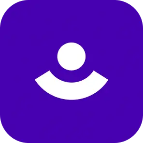 A purple square icon with rounded corners featuring a stylized white symbol in the center. The symbol consists of a circle above a curved line, resembling a minimalist human figure with arms raised.