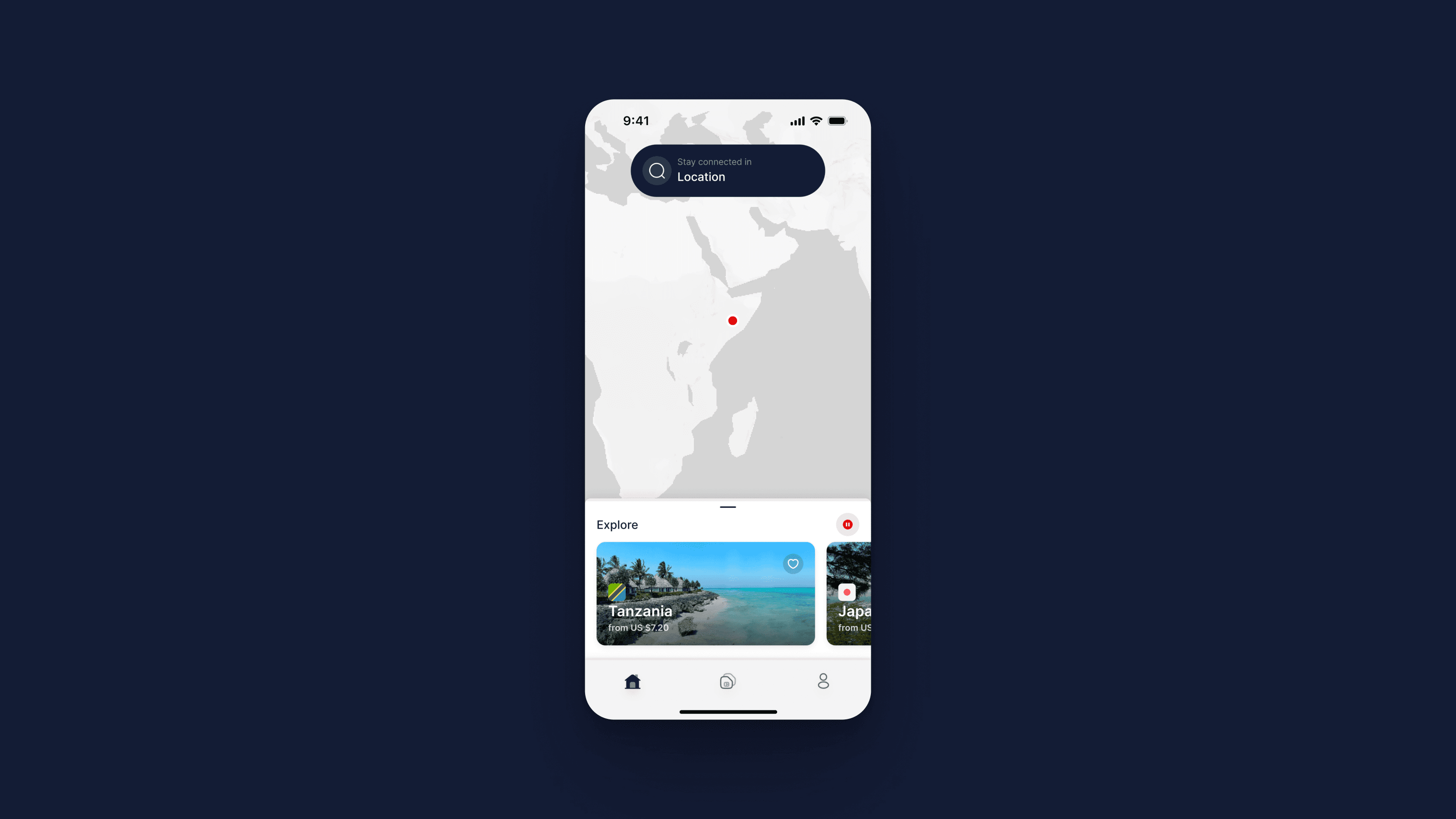 One screen from the 2023 animated-home concept, the map mid-tour with its destination card