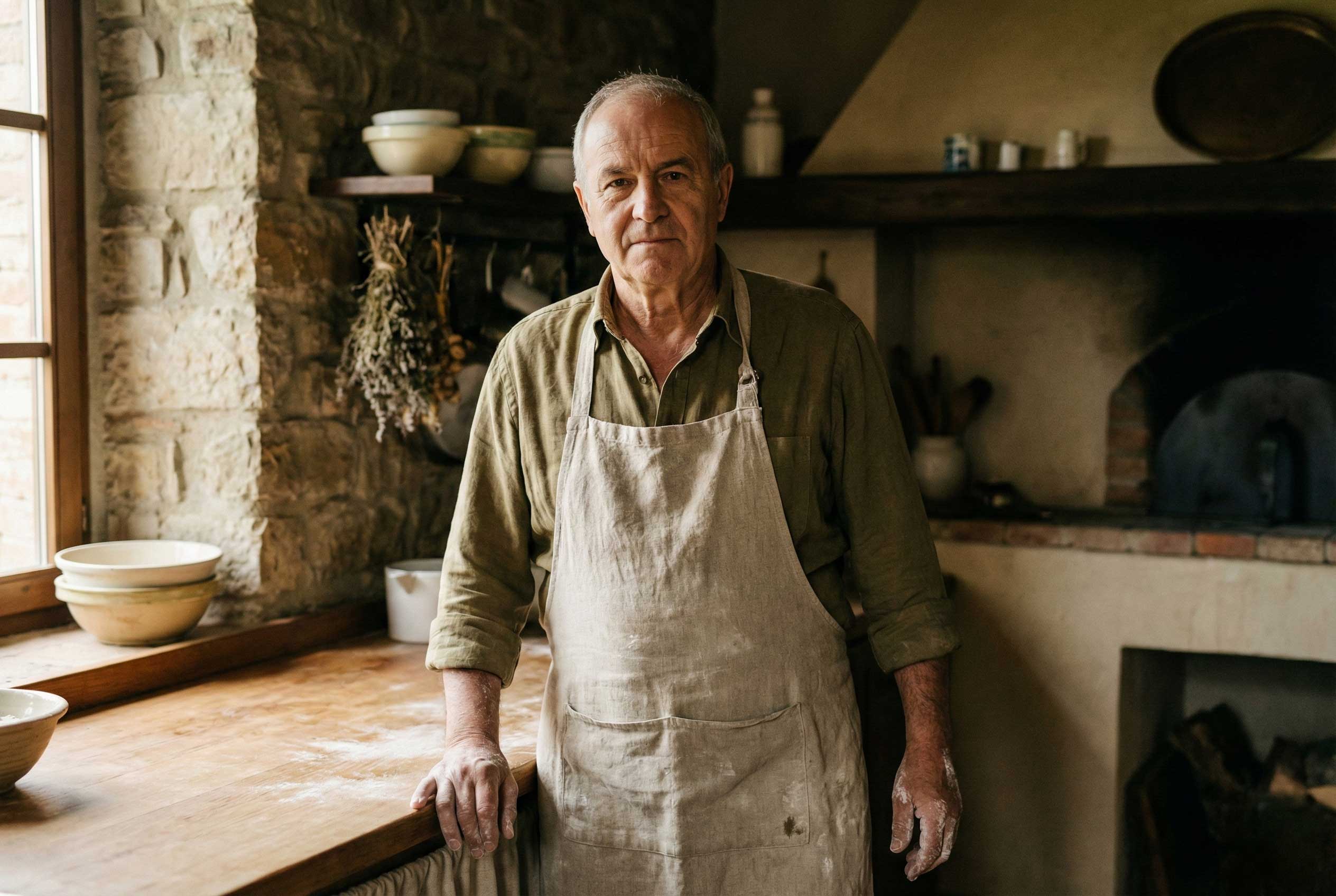 Man in apron stands in rustic kitchen, hands dusted with flour.